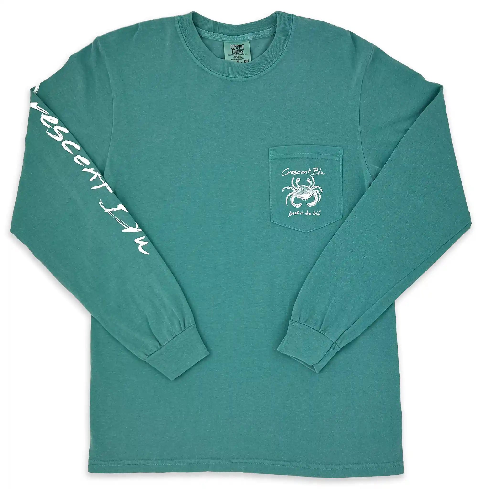 Front view of Crescent Blú Sneaux Crab long sleeve tee in seafoam green