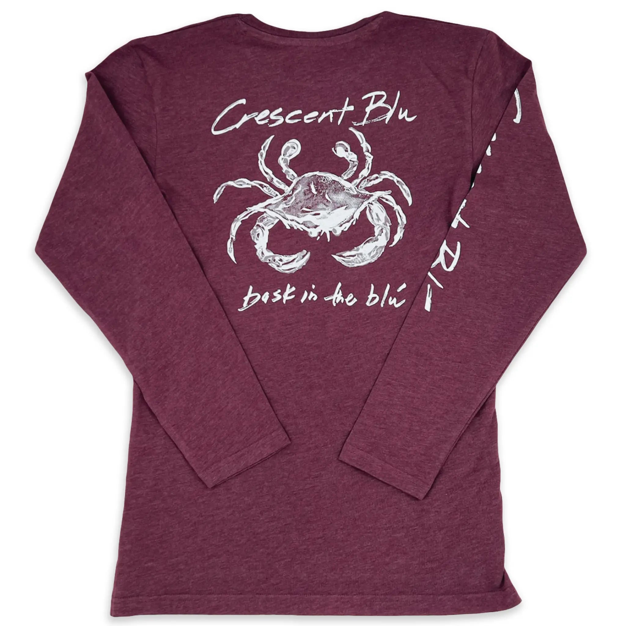 Back view of Crescent Blú Sneaux Crab long sleeve tee in vintage burgundy