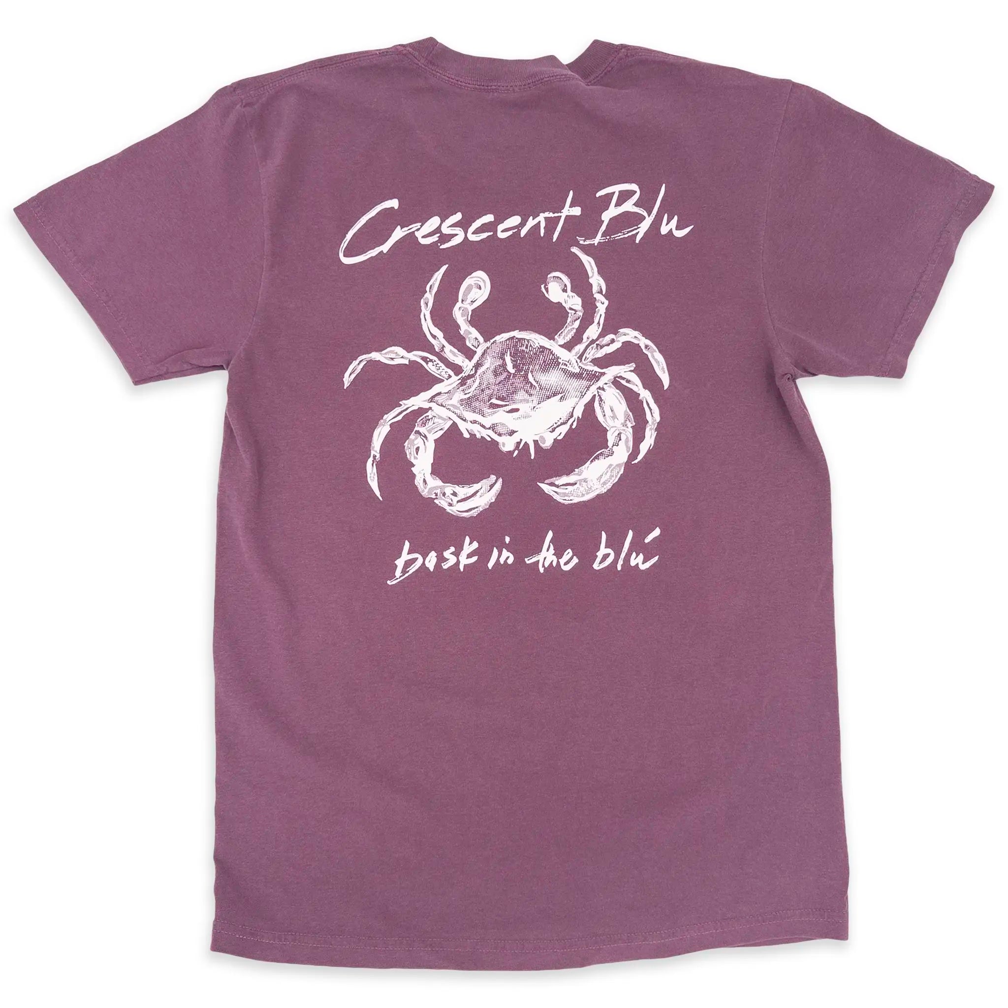The back of an adult short-sleeve t-shirt berry t-shirt with a white Sneaux crab on printed on the back.
