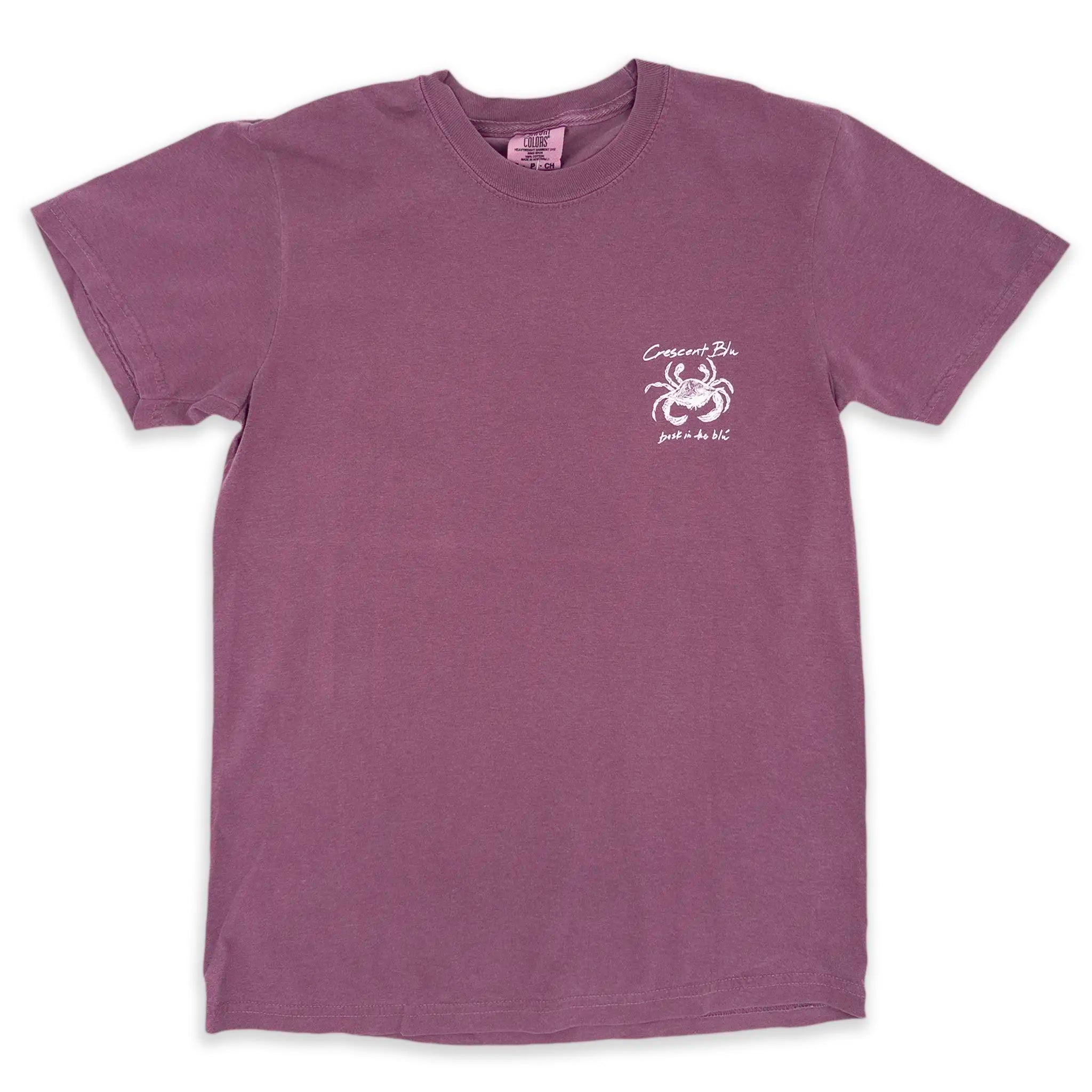A berry colored Comfort Colors adult short sleeve t-shirt with the Crescent Blu Sneaux crab screen printed on the front left chest.