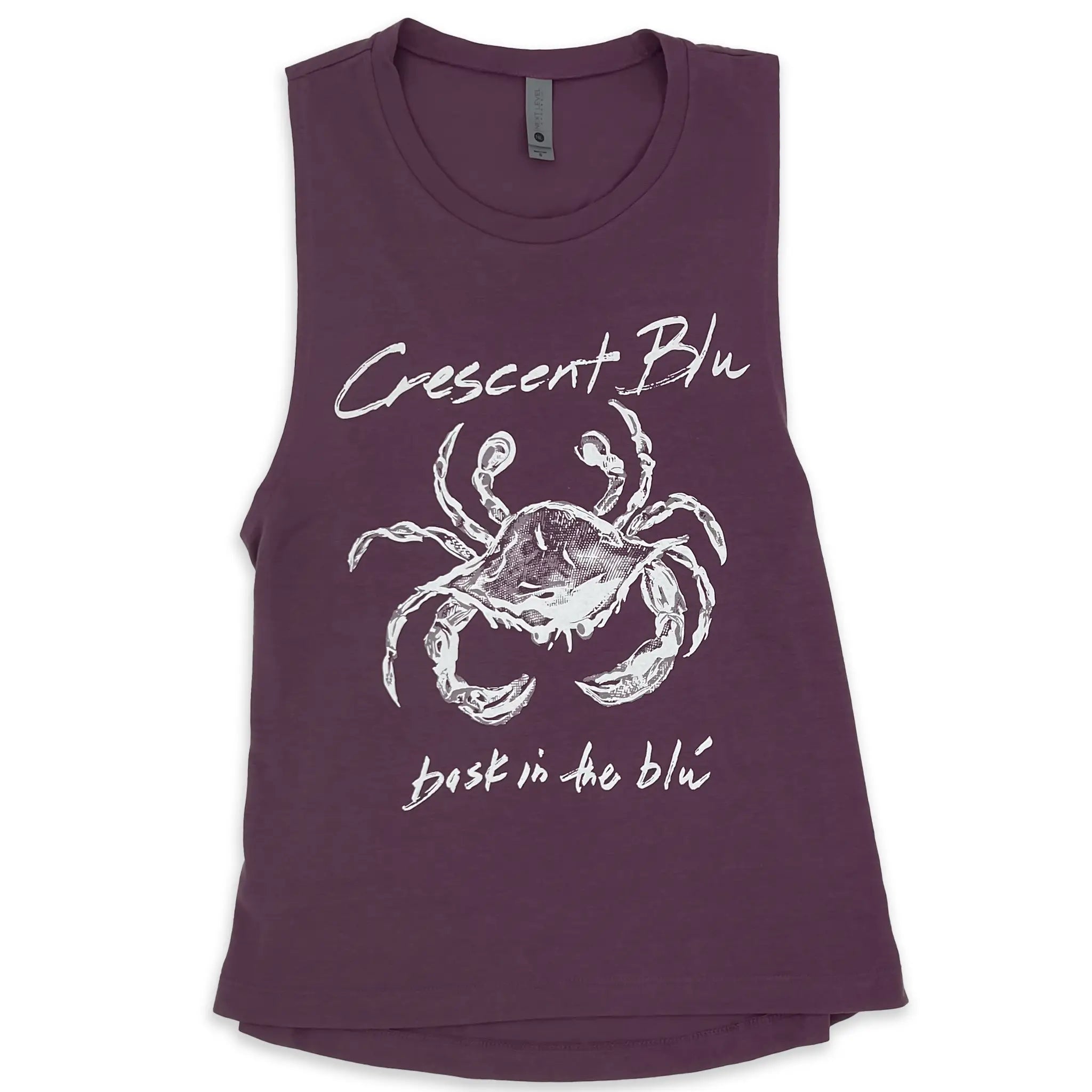 The front of a womans muscle tab top in maroon shiraz with a white snow crab on the front