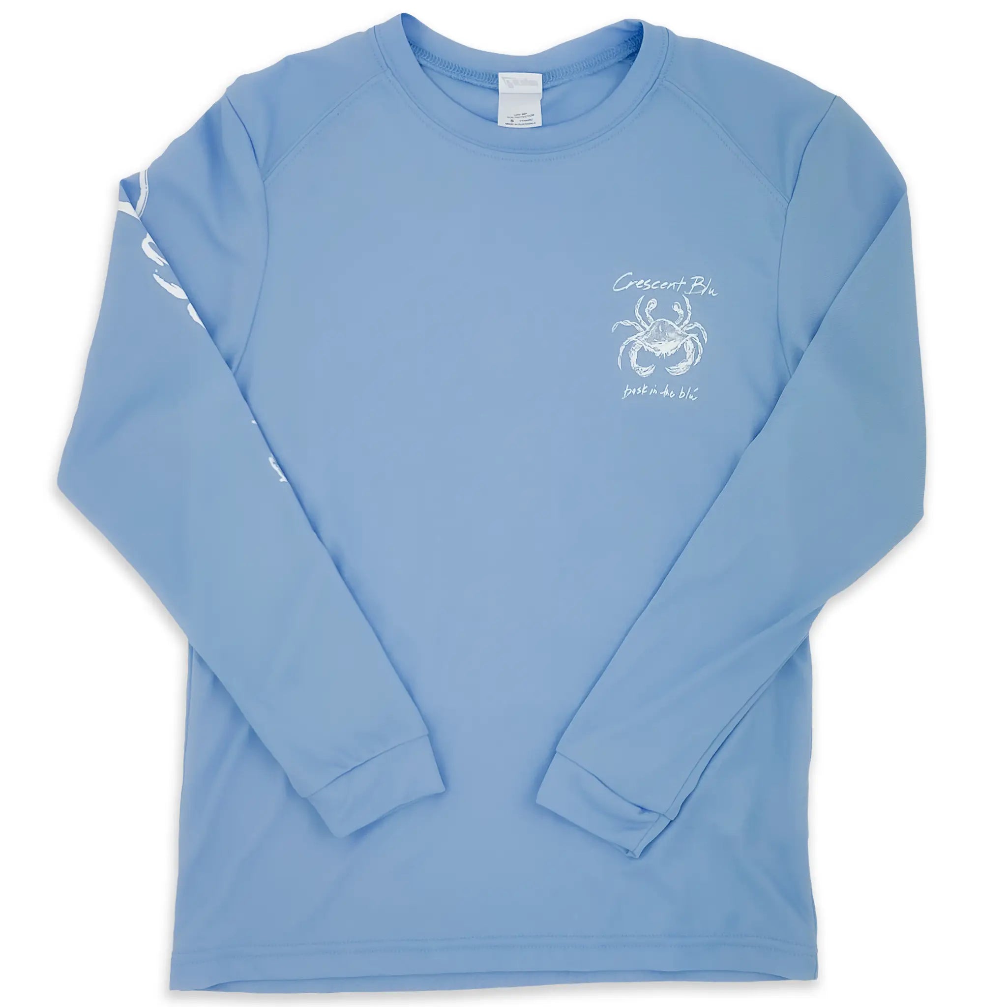 Front view of youth Crescent Blú Sneaux Crab UPF long sleeve sun shirt in mist blue