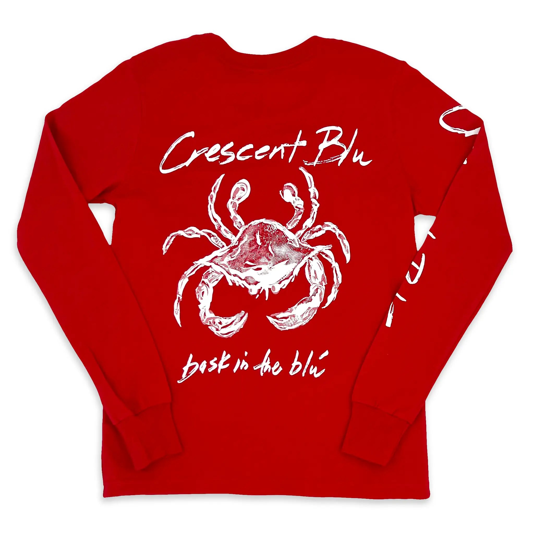 Back view of youth Crescent Blú Sneaux Crab long sleeve tee in red