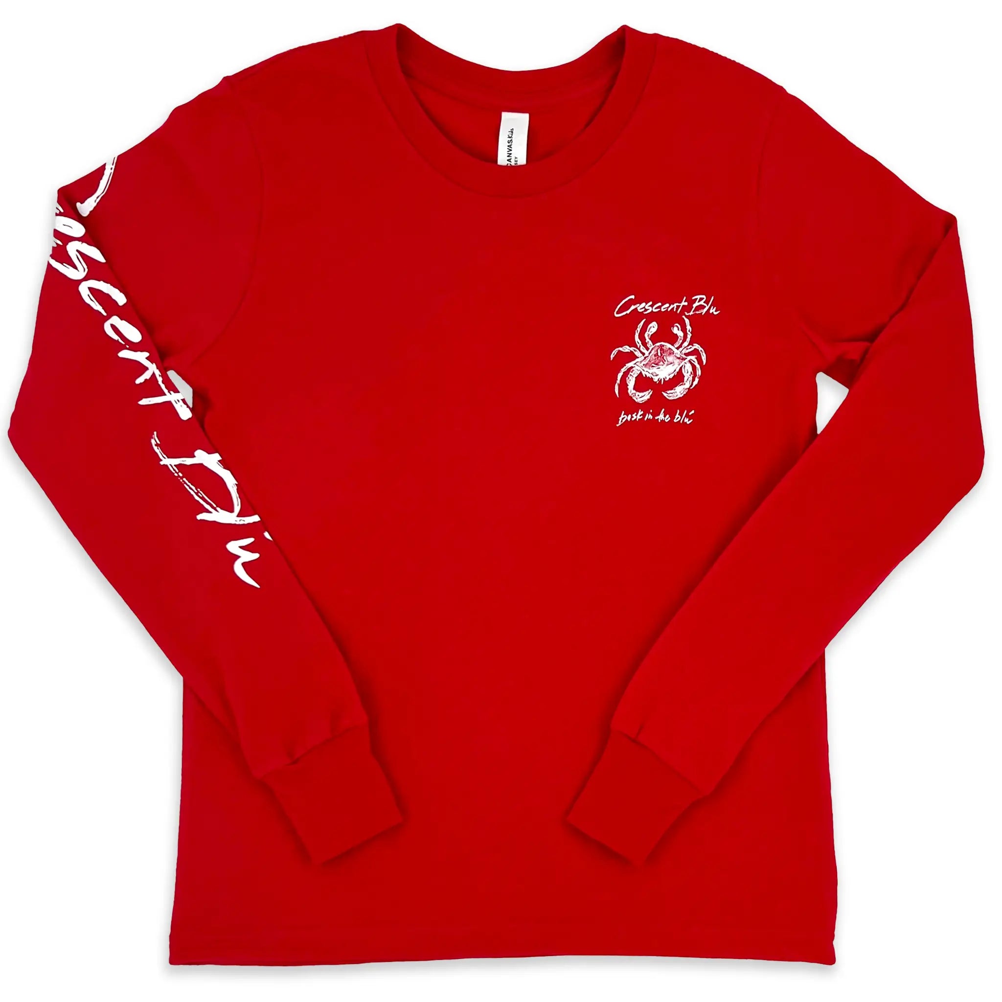 Front view of youth Crescent Blú Sneaux Crab long sleeve tee in red