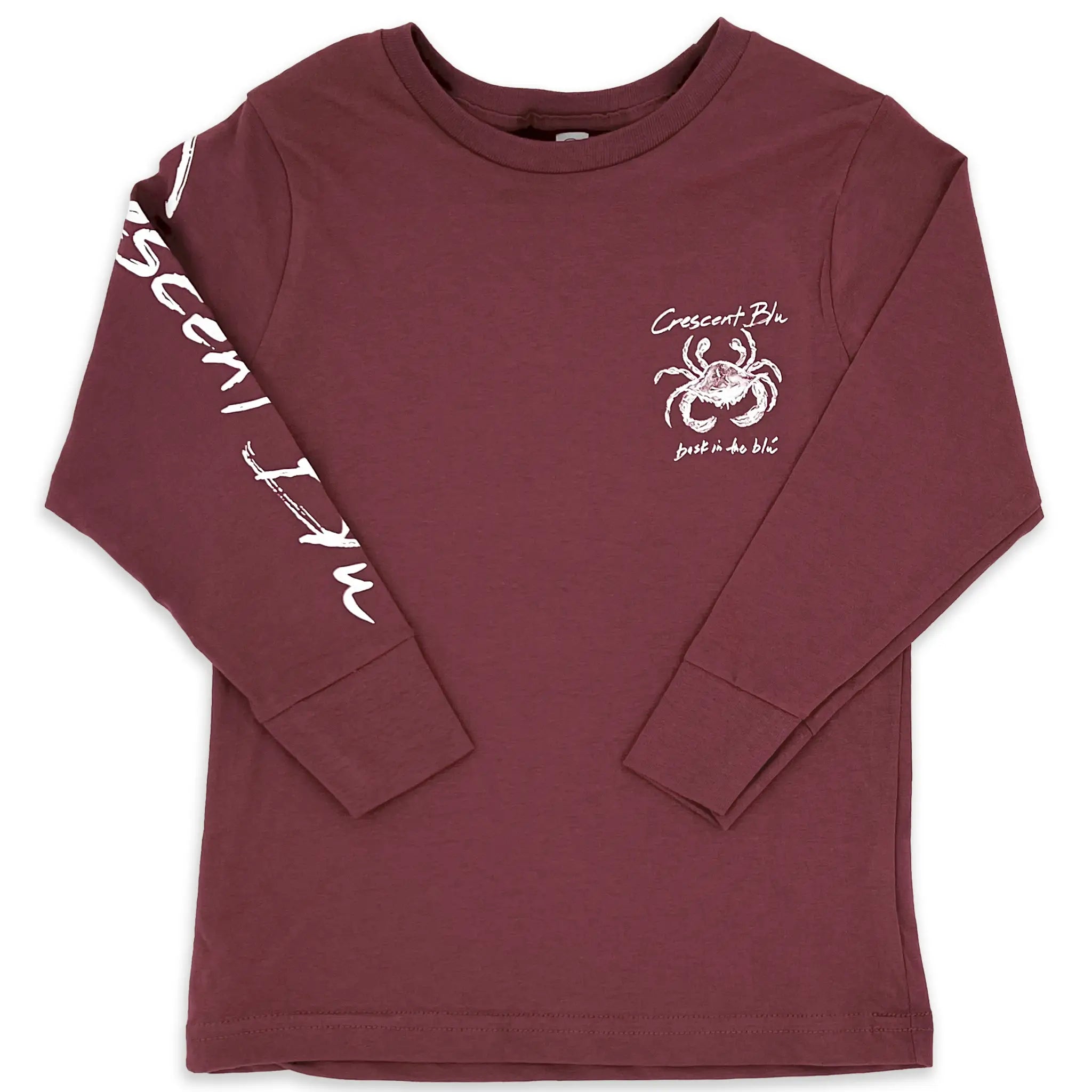 Front view of youth Crescent Blú Sneaux Crab long sleeve tee in rouge red