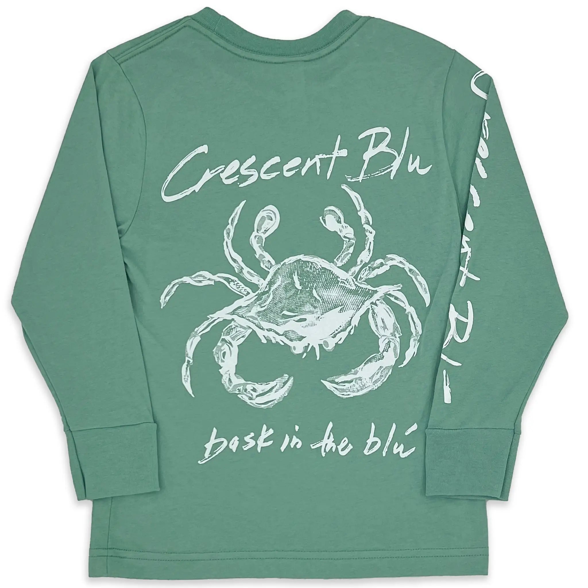 Back view of youth Crescent Blú Sneaux Crab long sleeve tee in saltwater blue