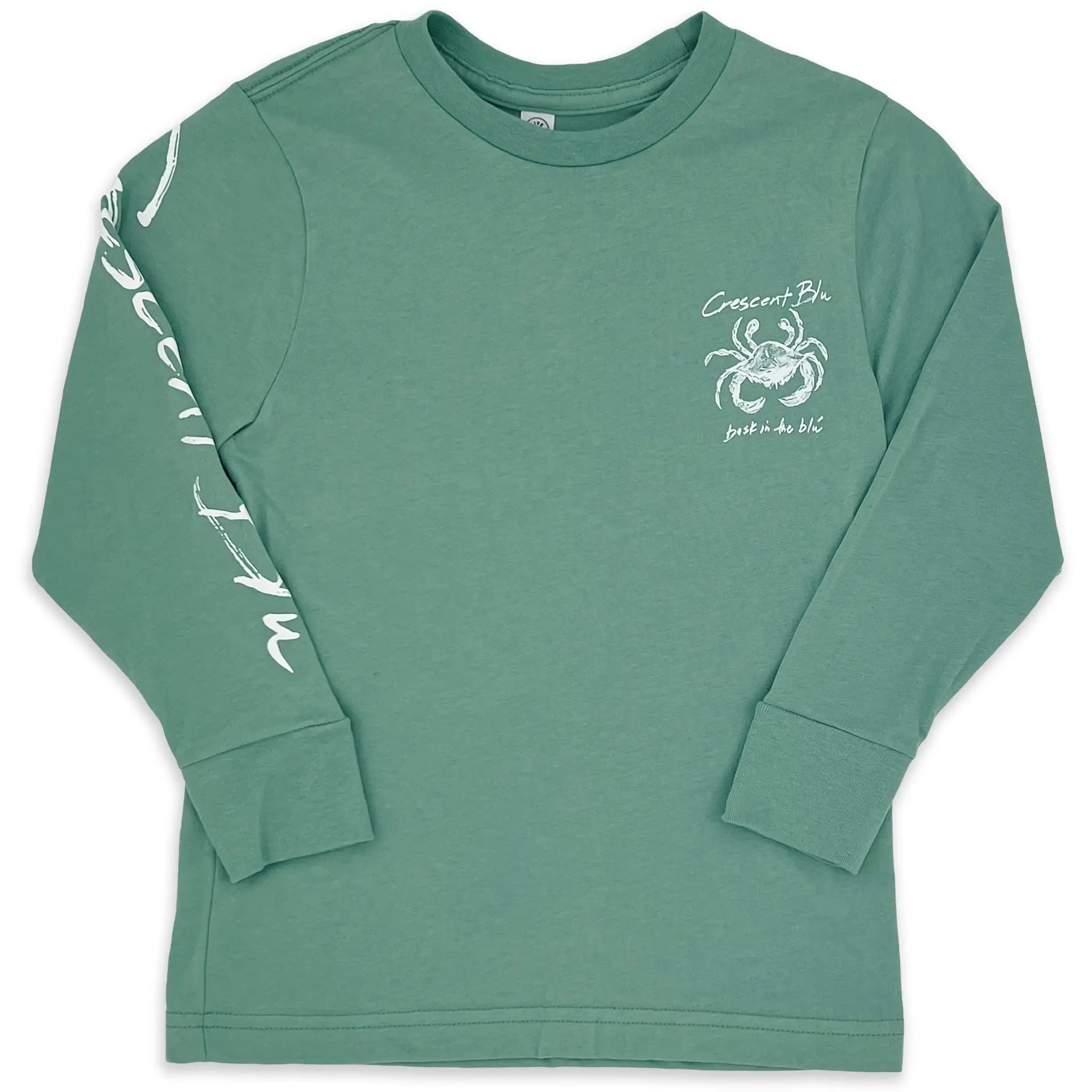 Front view of youth Crescent Blú Sneaux Crab long sleeve tee in saltwater blue