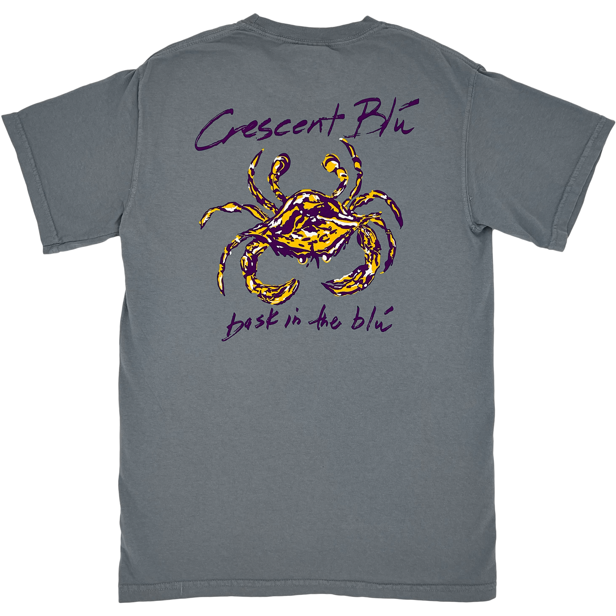 Back view of Crescent Blu short sleeve purple and gold crab collection t-shirt in Granite