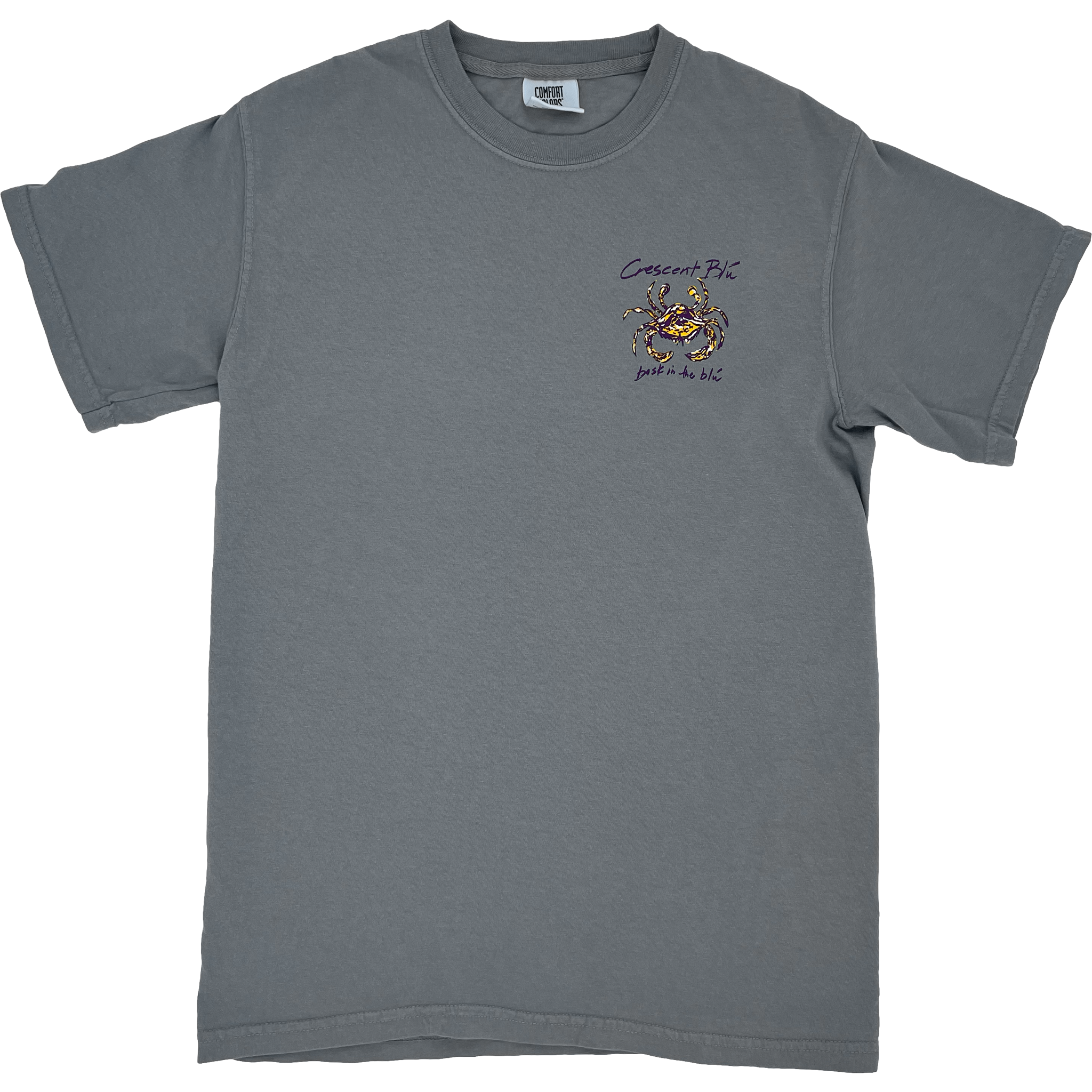 Front of short sleeve granite color t-shirt with purple and gold Crescent Blu logo on the front left chest