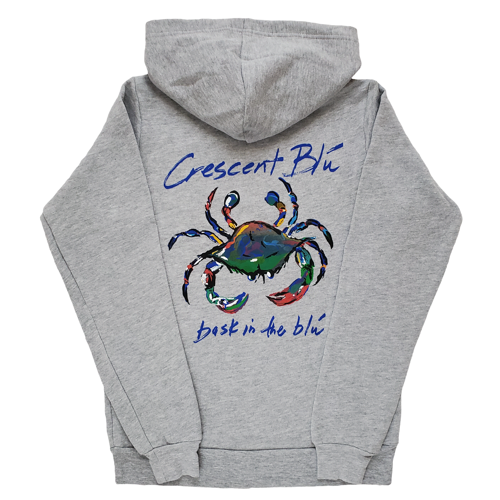 View of back of Grey Athletic Heather Youth Hooded Sweatshirt with large Crescent Blu multicolored crab logo and Bask in the Blu tagline printed on the back