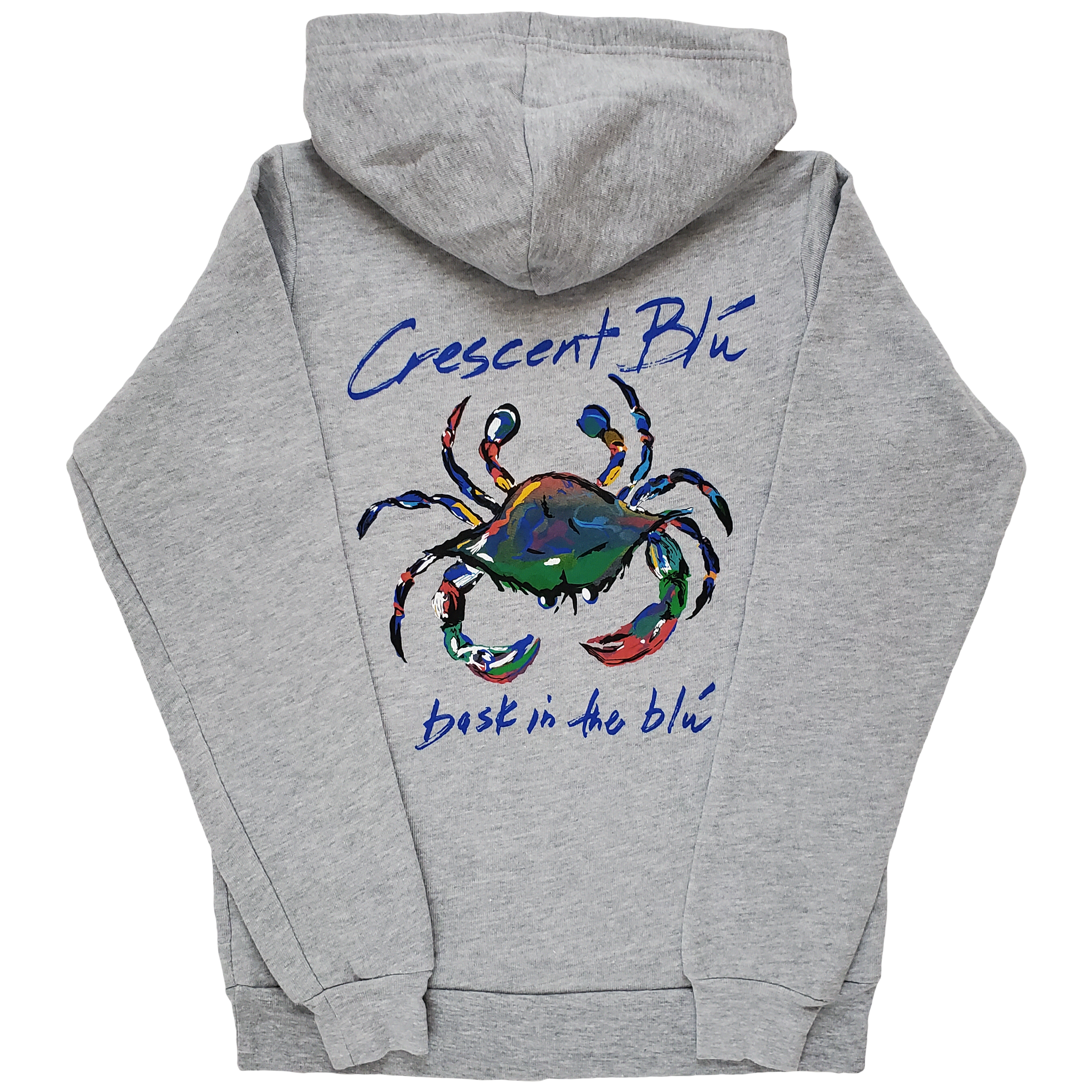Back view of athletic heather grey adult hoodie sweatshirt with large Crescent Blu multicolored crab logo printed on the back.