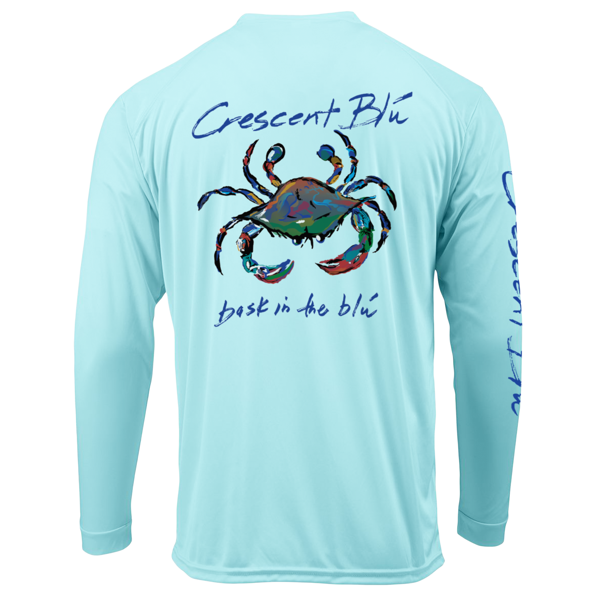 Crescent Blu logo and Bask in the Blu tagline printed on the back of an adult long sleeve Sun shirt with UPF 50+ protection. Aqua color.