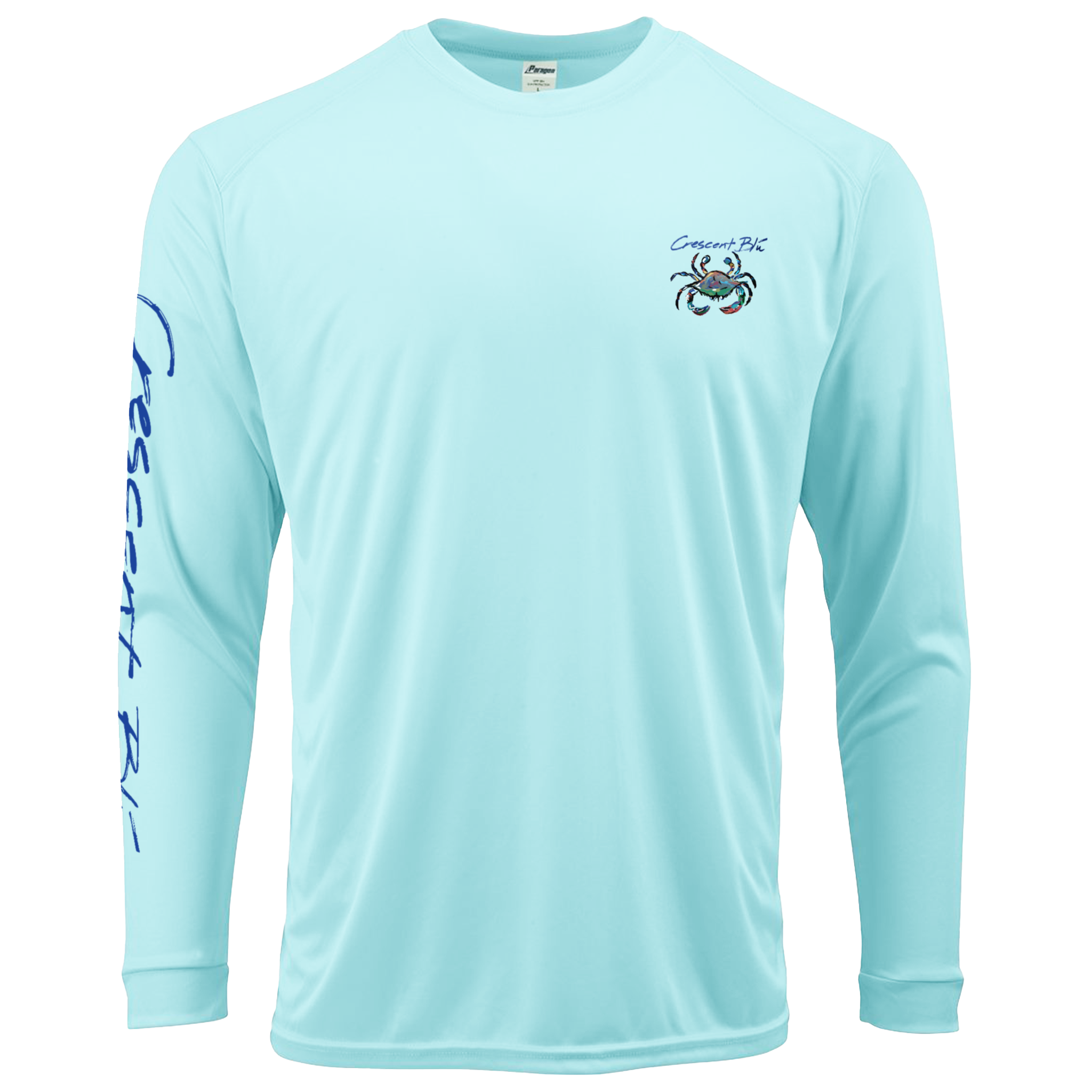 Aqua colored adult long sleeve Sun Shirt. UPF 50+. Crescent Blu Signature crab logo on upper left chest.