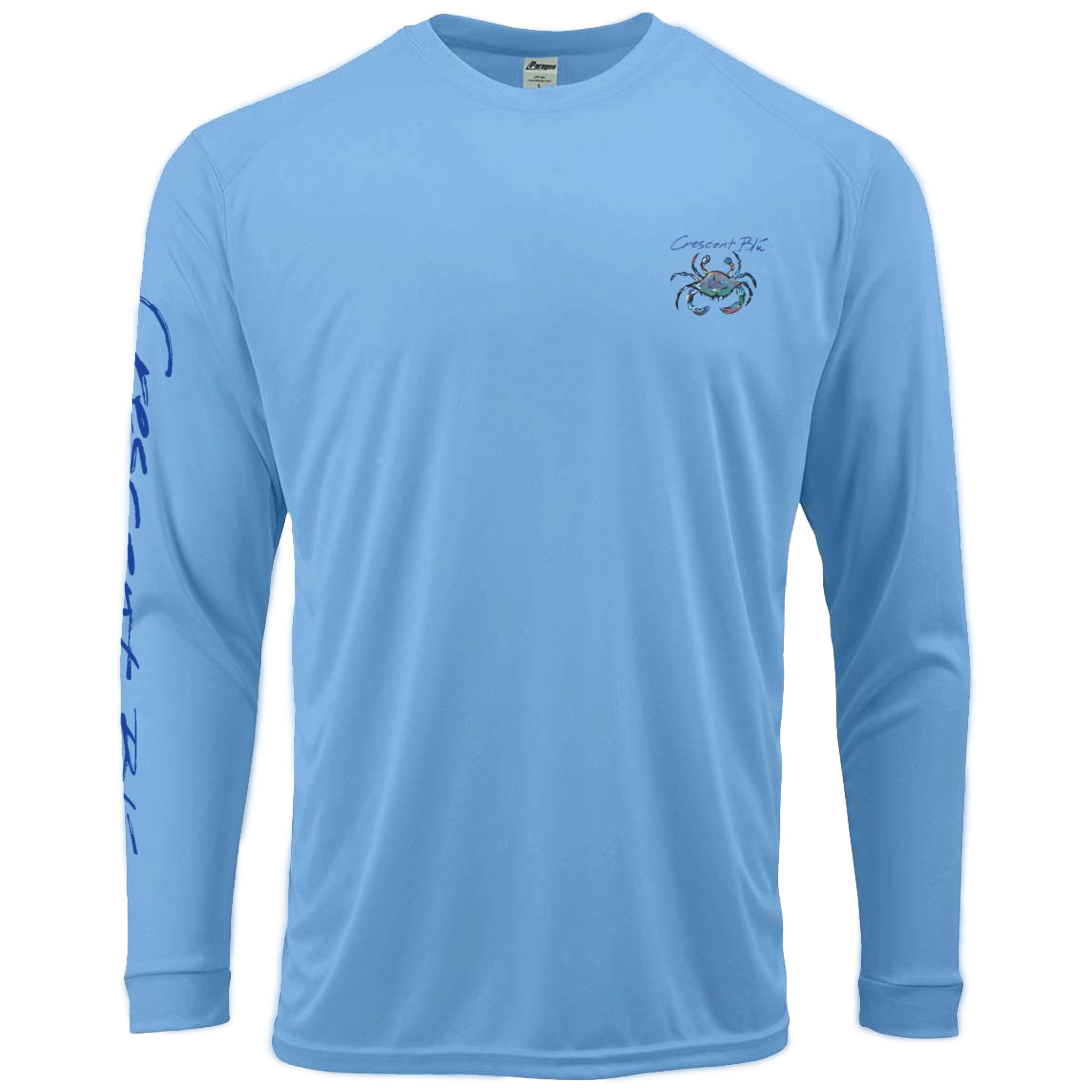 View of front of adult long sleeve Performance Bimini Blue shirt with Crescent Blu printed on right sleeve and multi-colored crab printed on the left upper chest.