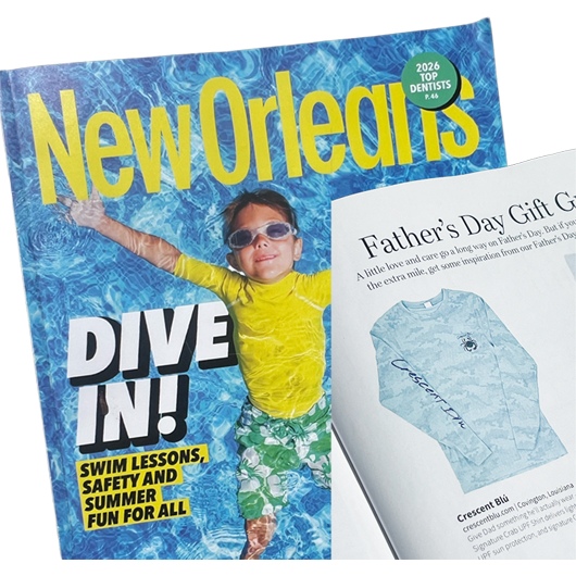New Orleans Magazine 2026 Father's Day Gift Guide featuring Crescent Blú Aqua Blue Hex Camo Sun Shirt