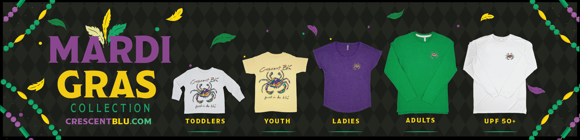 Crescent Blú Mardi Gras Collection featuring vibrant purple and gold crab designs on various apparel styles."