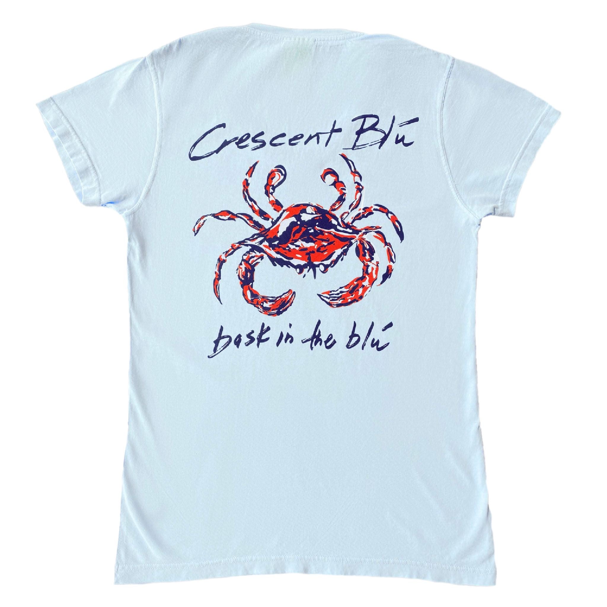 Short sleeve chambray ladies v neck t-shirt with a red, white, and blue crab on the back.
