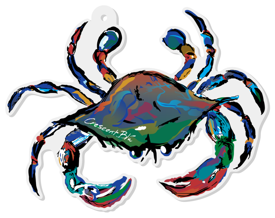 Multi-colored original Crescent Blu crab logo as an acrylic ornament