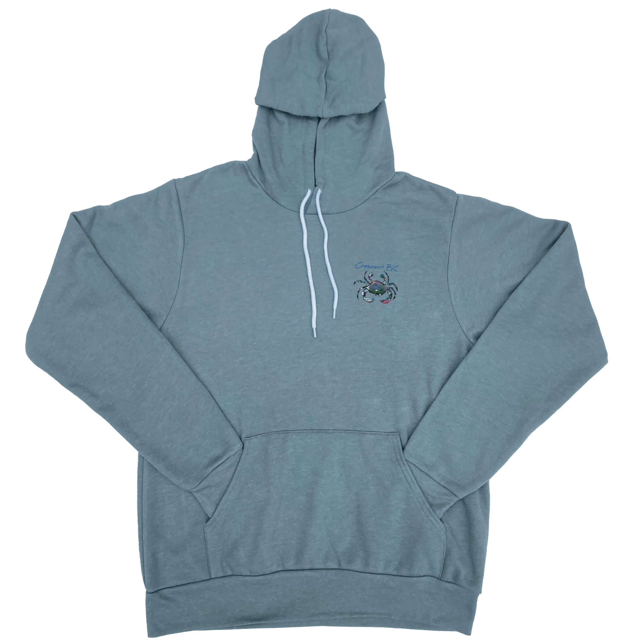 Front of adult long sleeve sweatshirt hoodie in Heather Slate color and small Crescent Blue Signature crab logo on the left upper chest