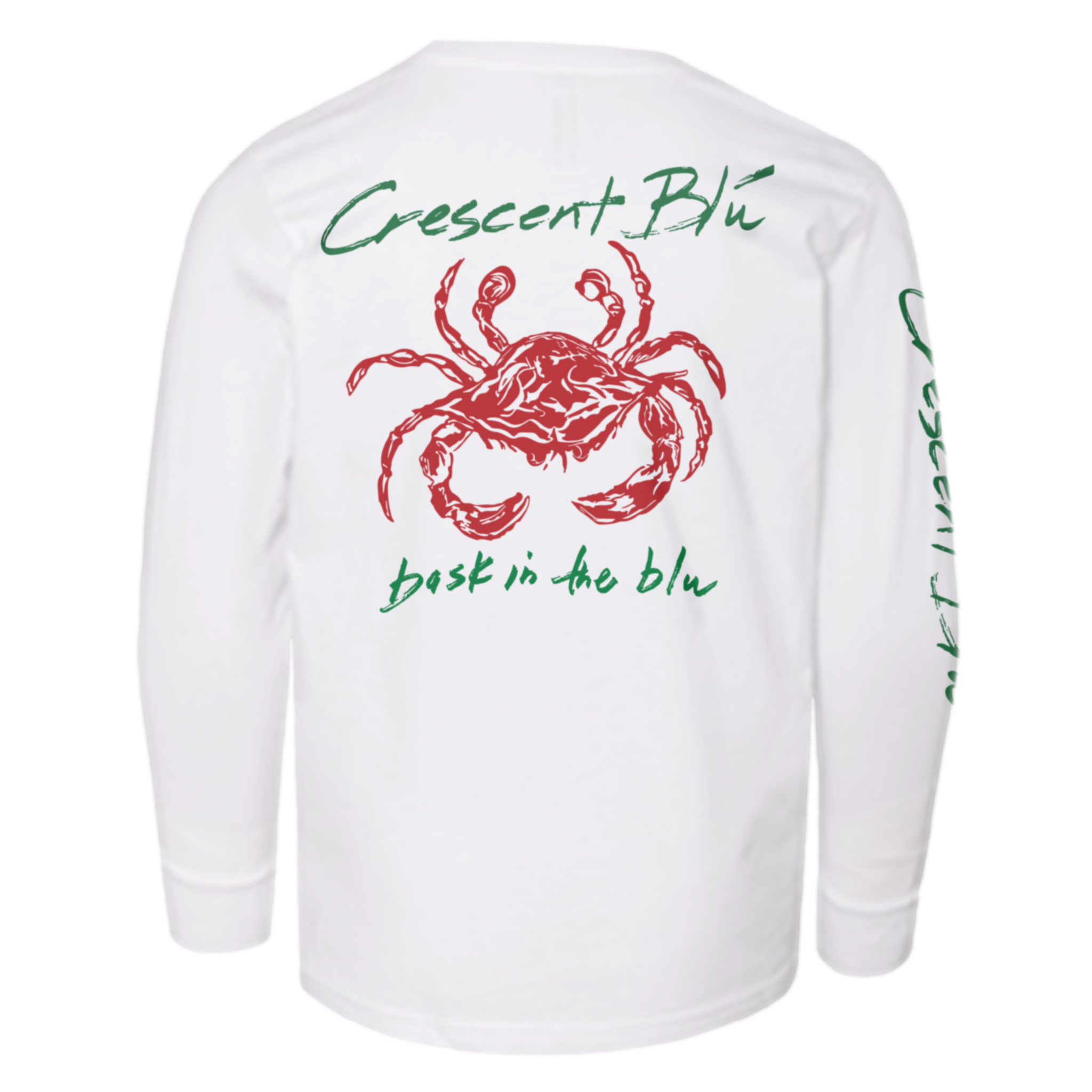 The back of a kids long sleeve tee with a red crab on the back. Written in green above the crab is "Crescent Blu" and below the crab is written "bask in the blu".