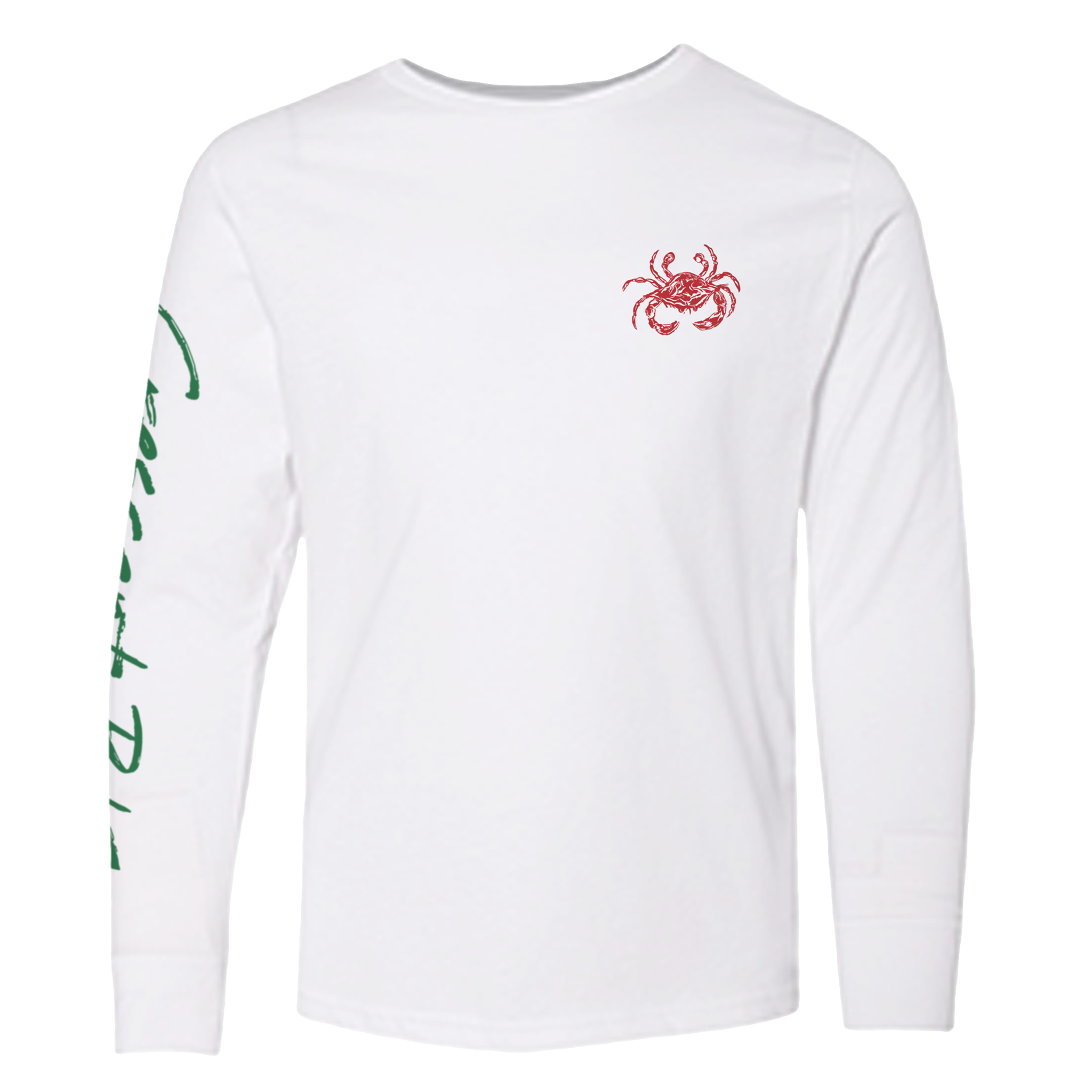 Youth white long sleeve tee with a red crab on the left chest and green writing on the right sleeve.