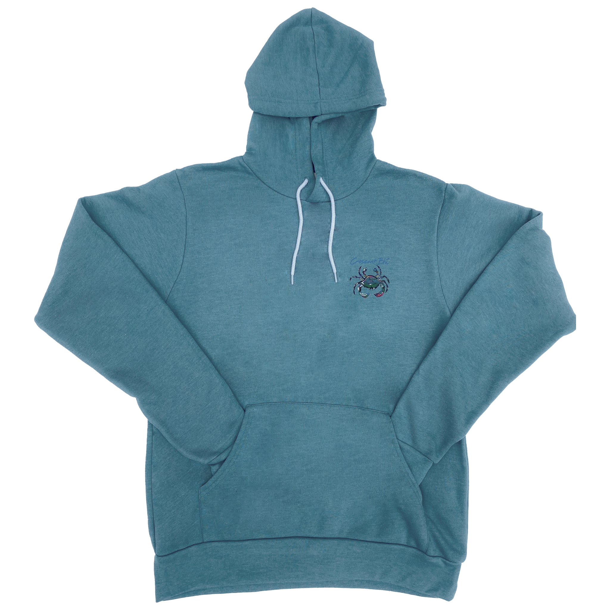 View of the front of a Deep Heather Teal Adult Hoodie Sweatshirt with small multi-colored crab logo on the upper left chest. 