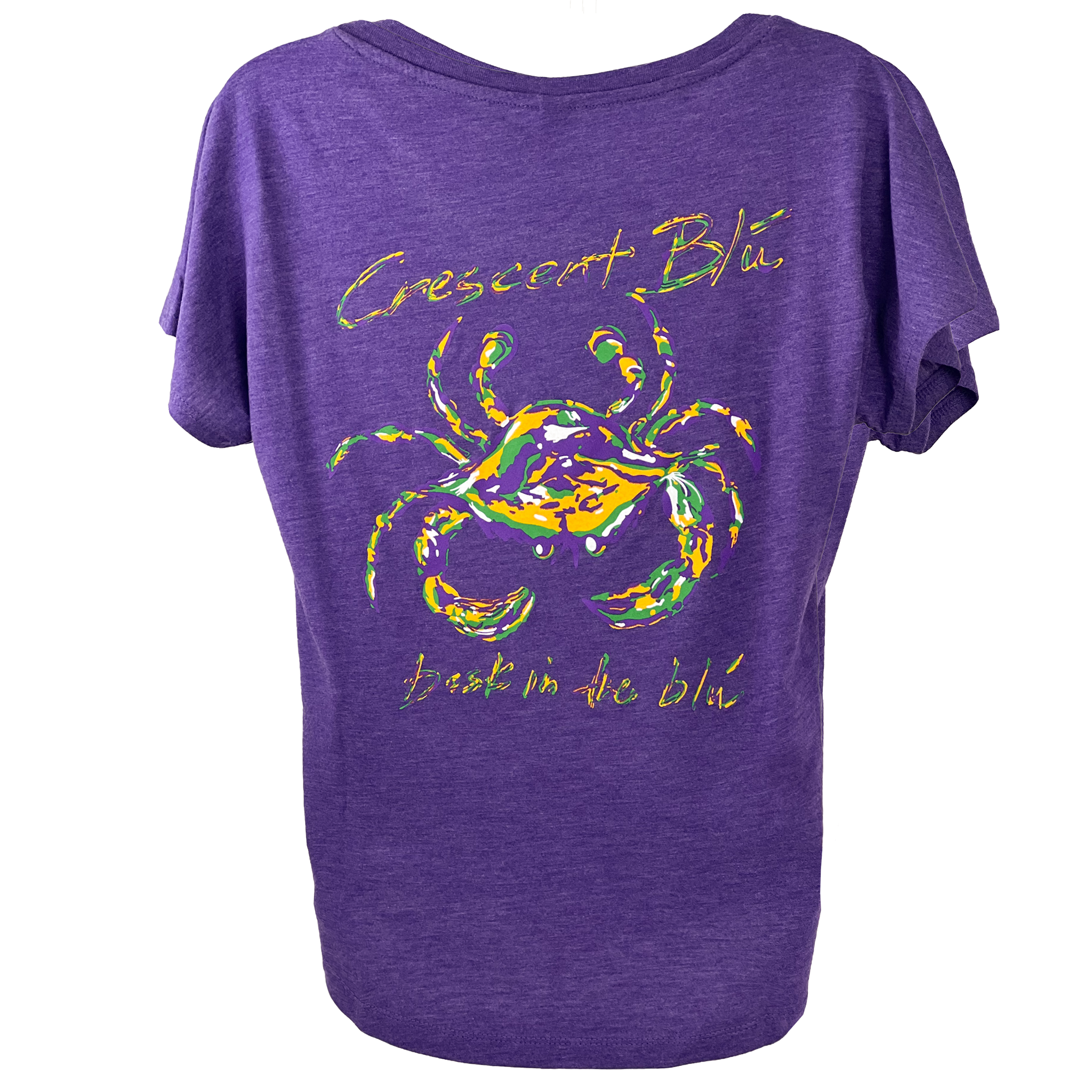The back of a flowy purple womens Mardi Mras t-shirt.