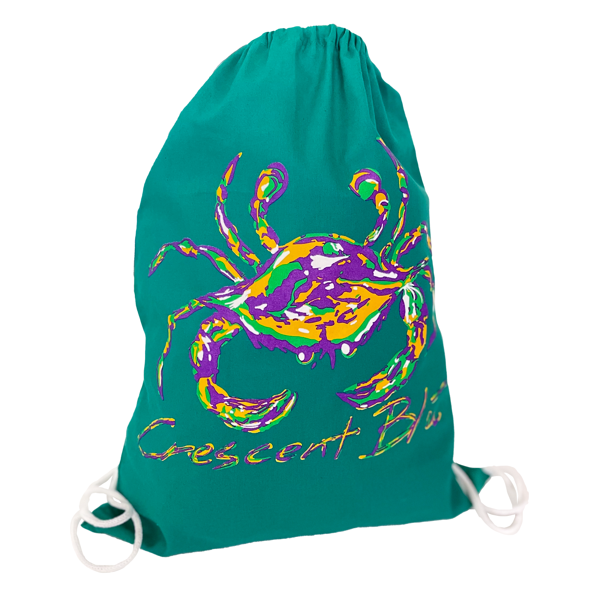 A Mardi Gras colored crab is on the front of a stuffed green drawstring bag with white contrasting drawstring cords.