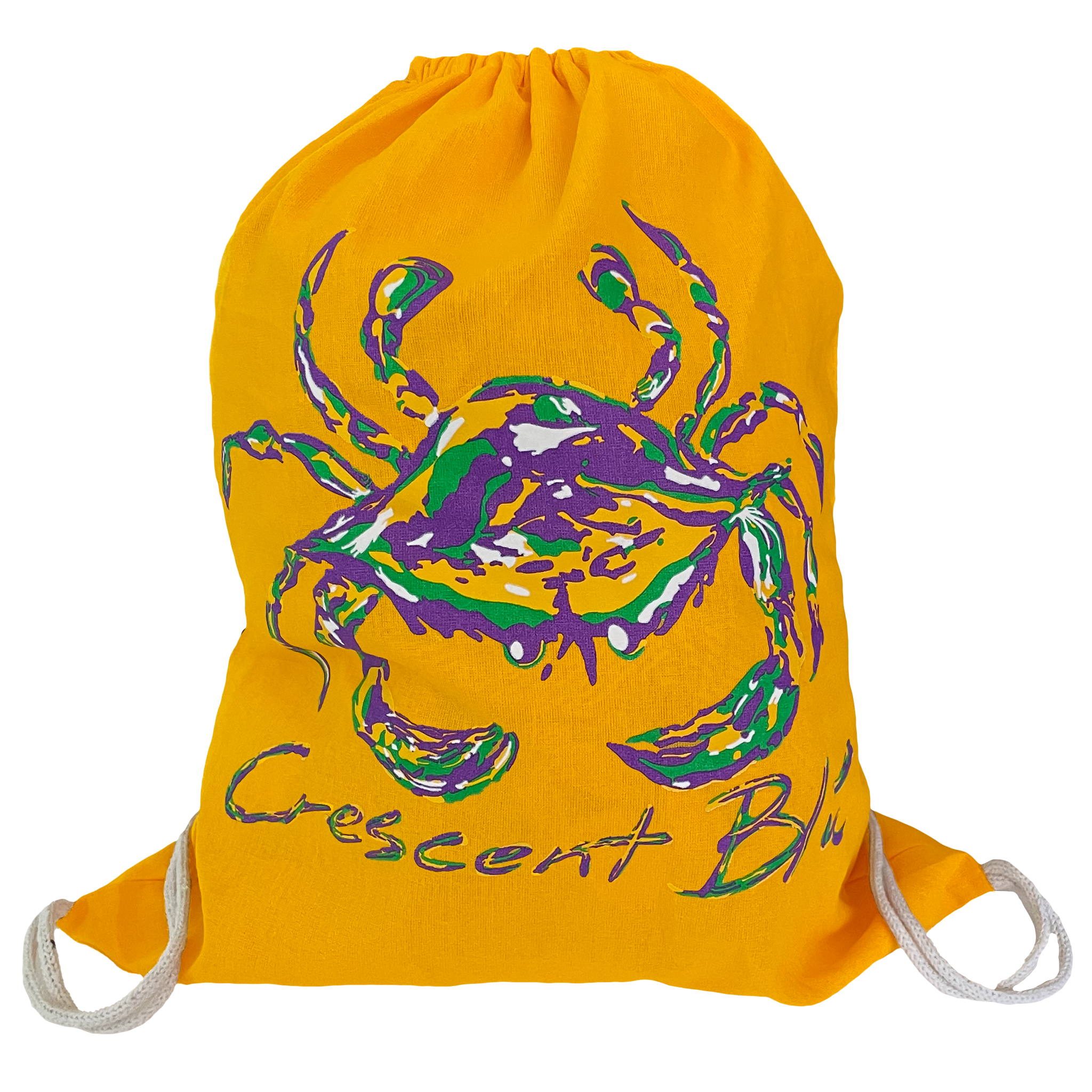 Gold drawstring backpack with a Mardi Gras Crab  and the words, Crescent Blú  written under it in try-color purple, green and gold. 