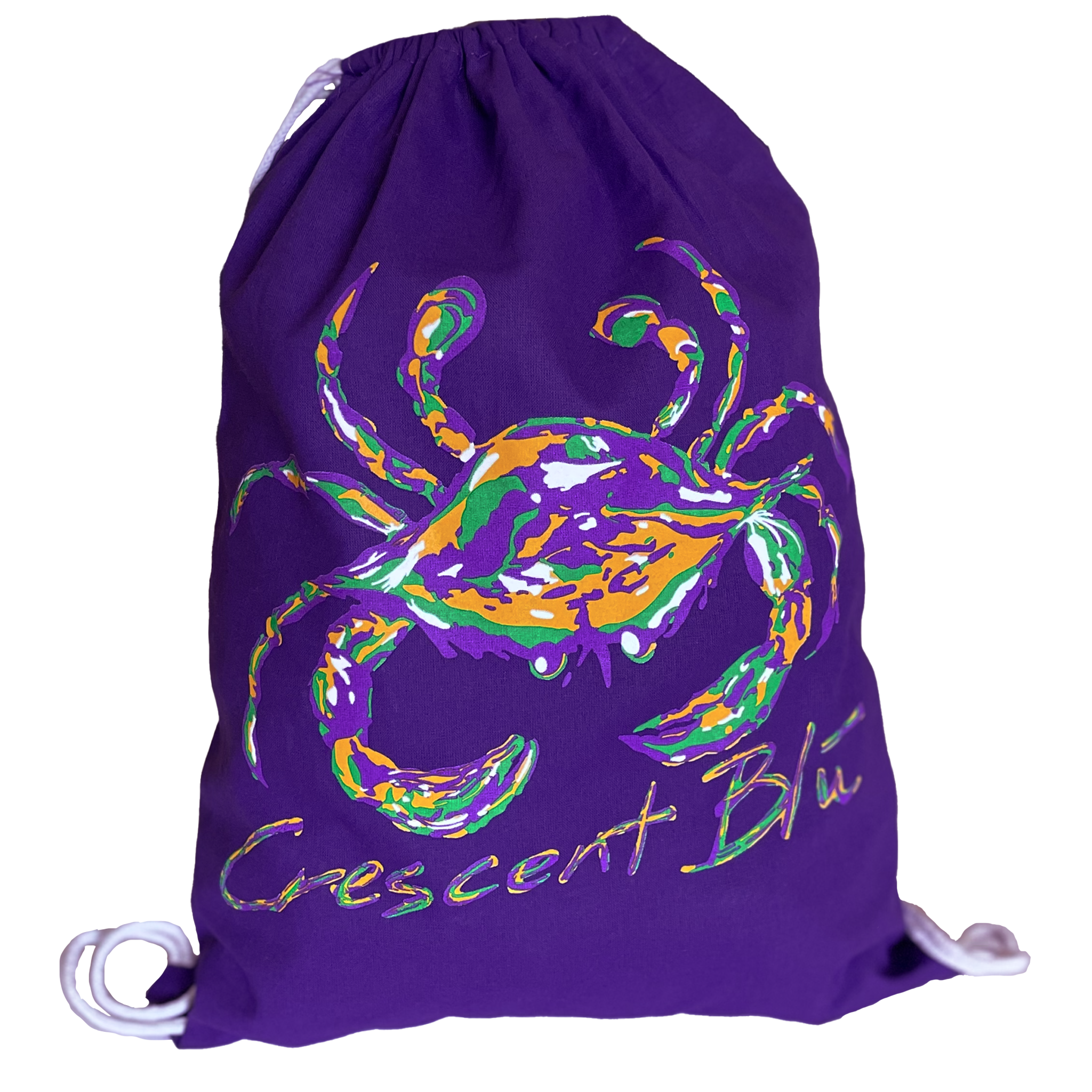 A purple drawstring bag with a Mardi Gras Crab on the front with Crescent Blú written in purple, green, and gold.