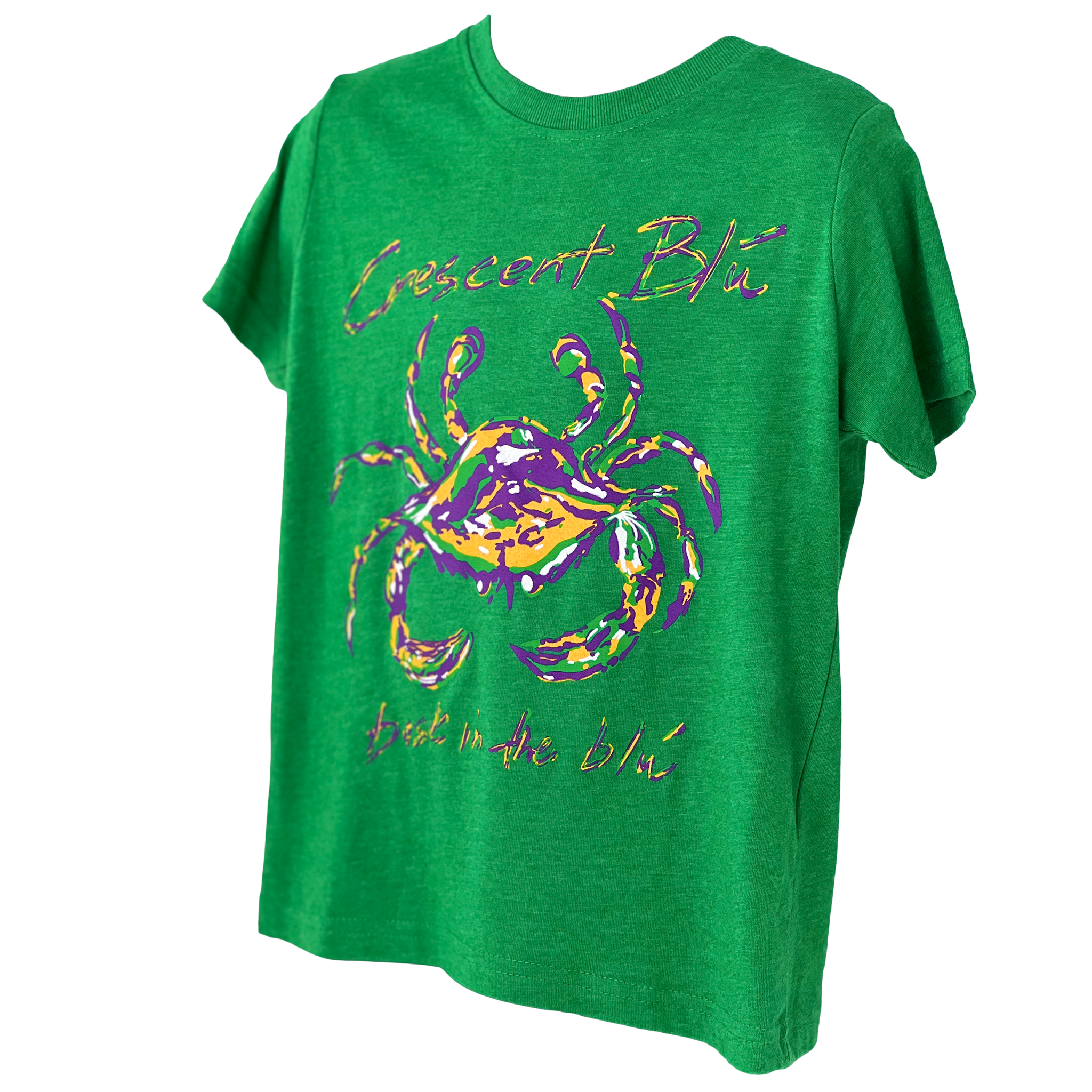 Angled view of front of Mardi Gras-colored crab logo on Toddler short sleeve tee