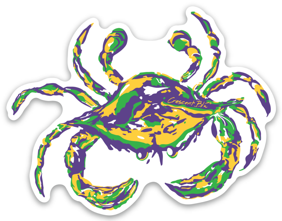 Mardi Gras colored Crescent Blu crab logo image on magnet cut out