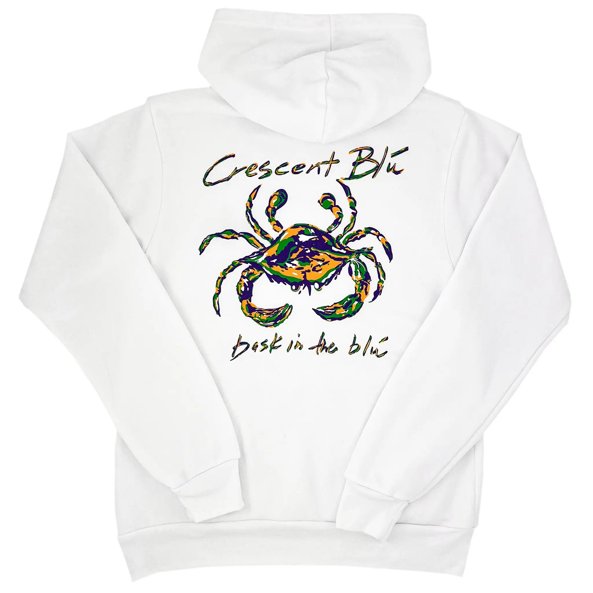 The back of a white hooded sweatshirt with a Mardi Gras colored crab and the words Crescent Blu above and bask in the blu below. 