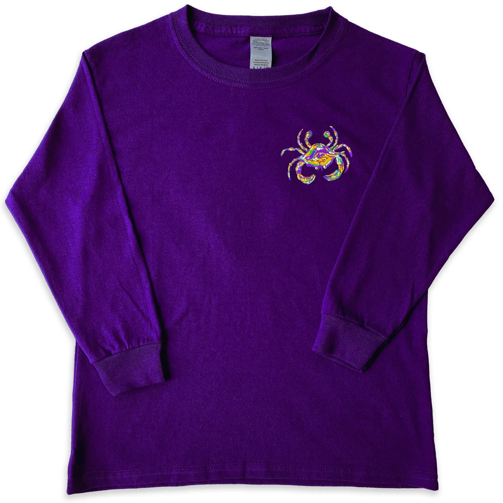 A deep purple Mardi Gras shirt with long sleeves, a crew neck, and a crab on the left chest.