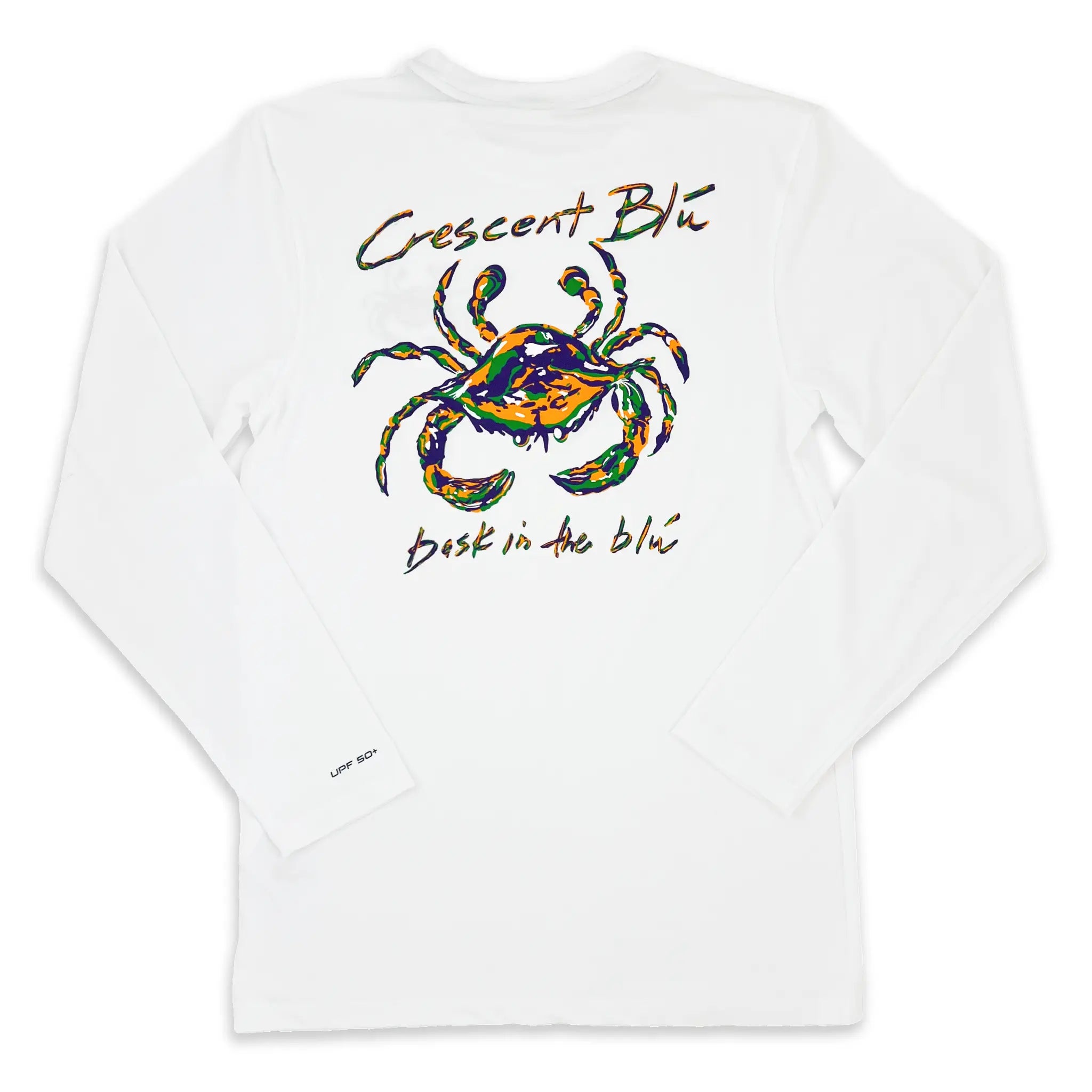 An white long sleeve adult mardi gras shirt with a purple, green, and gold crab on the back and UPF 50+ on the sleeve hem.