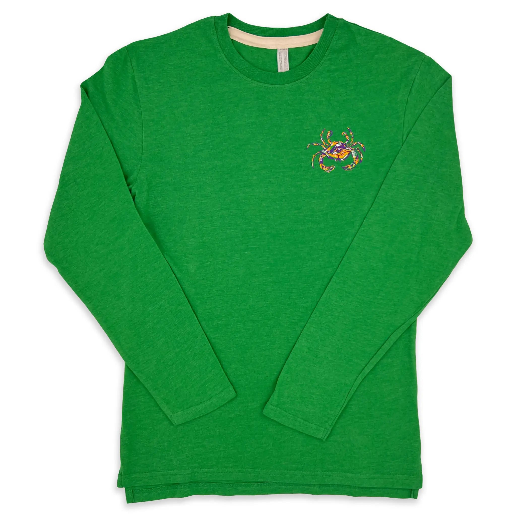 A long sleeve vintage heather green shirt with a crew neck, simple hem sleeve and a Mardi Gras Crab on the left chest.