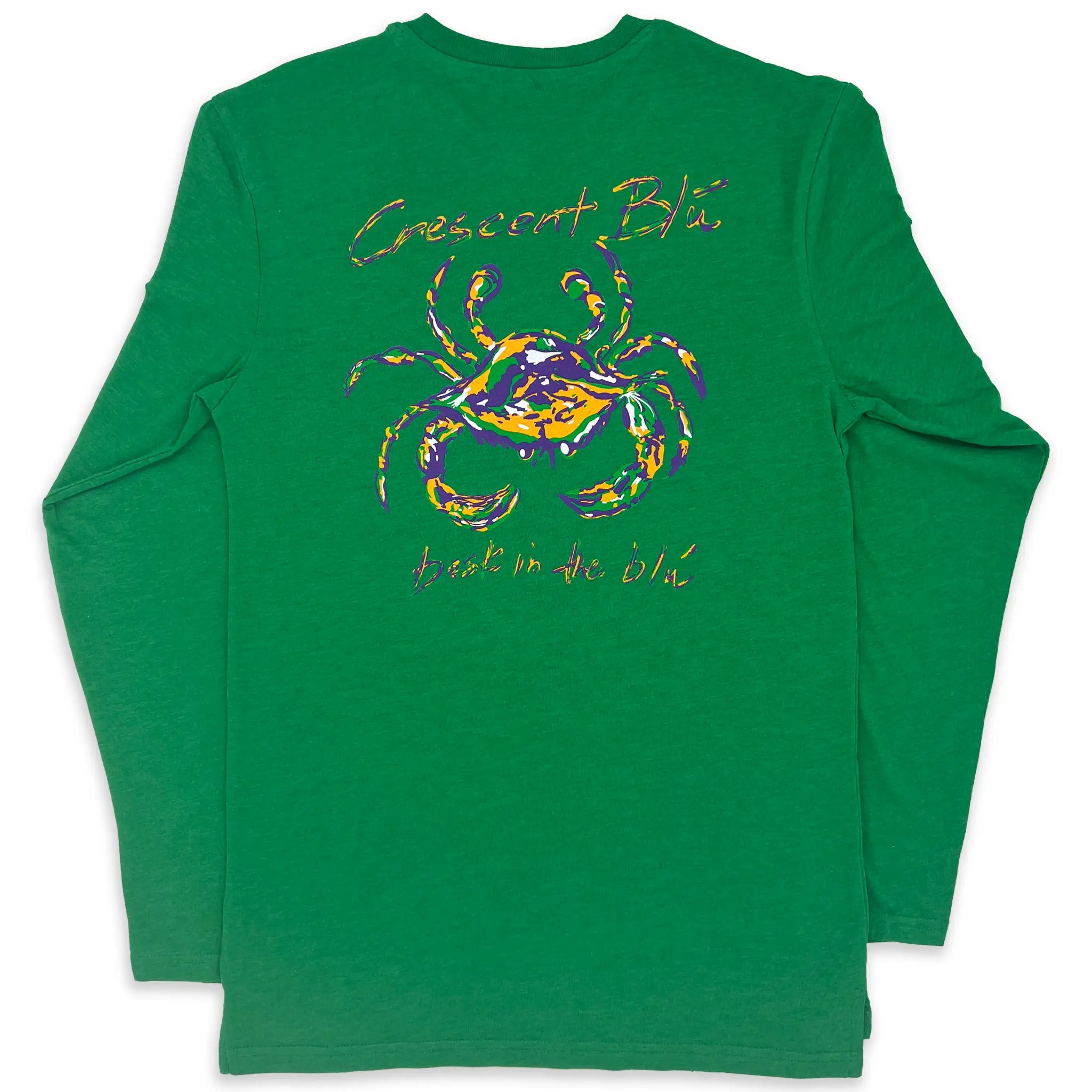 Green Mardi Gras with long sleeves and a purple, green, and gold crab on the back.