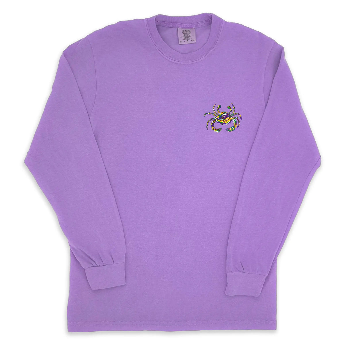The front of a long sleeve violet t-shirt with a blue crab in Mardi Gras colors on the left chest