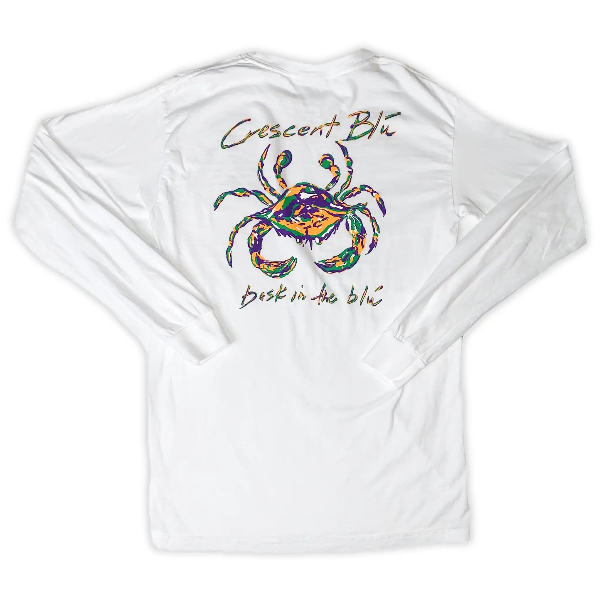 Mardi Gras colored crab on a long sleeve white t-shirt.