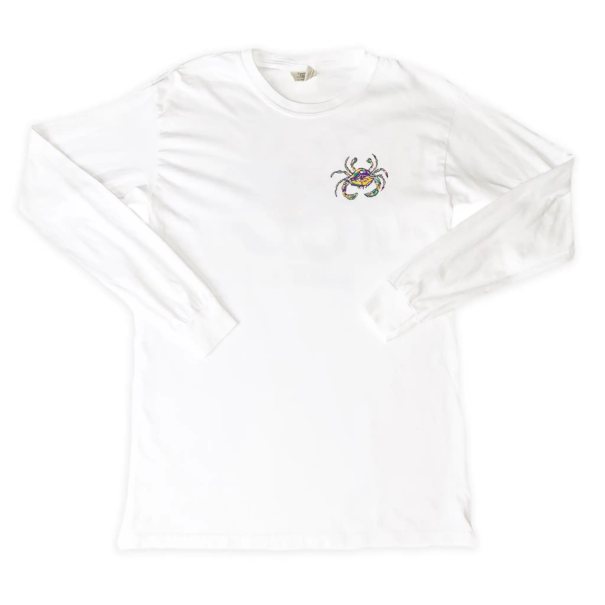 The front of the long sleeve white cotton shirt with a purple, green, and gold crab on the left chest.