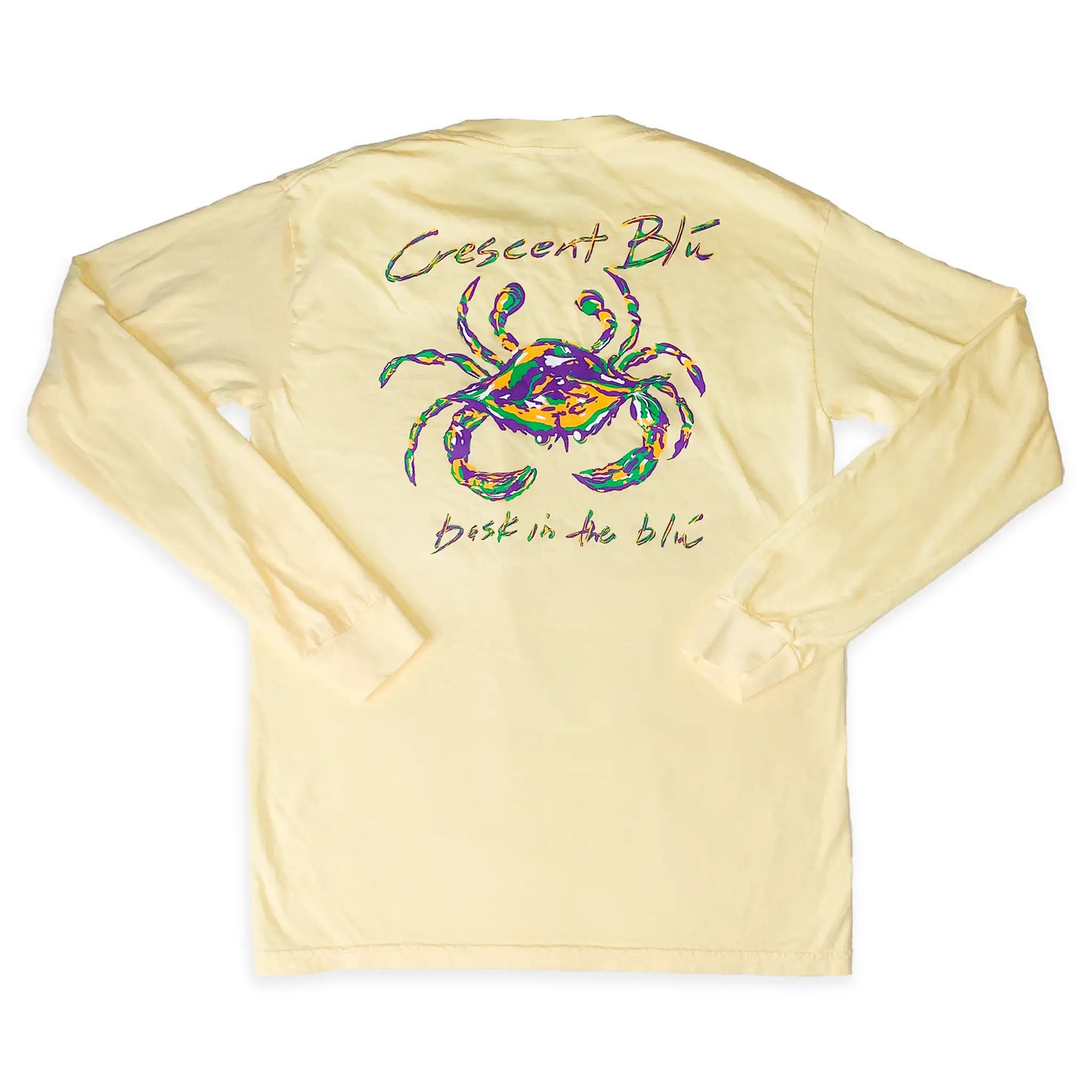 The back of the butter yellow mardi gras t-shirt with a purple, green, and gold crab on the back. 