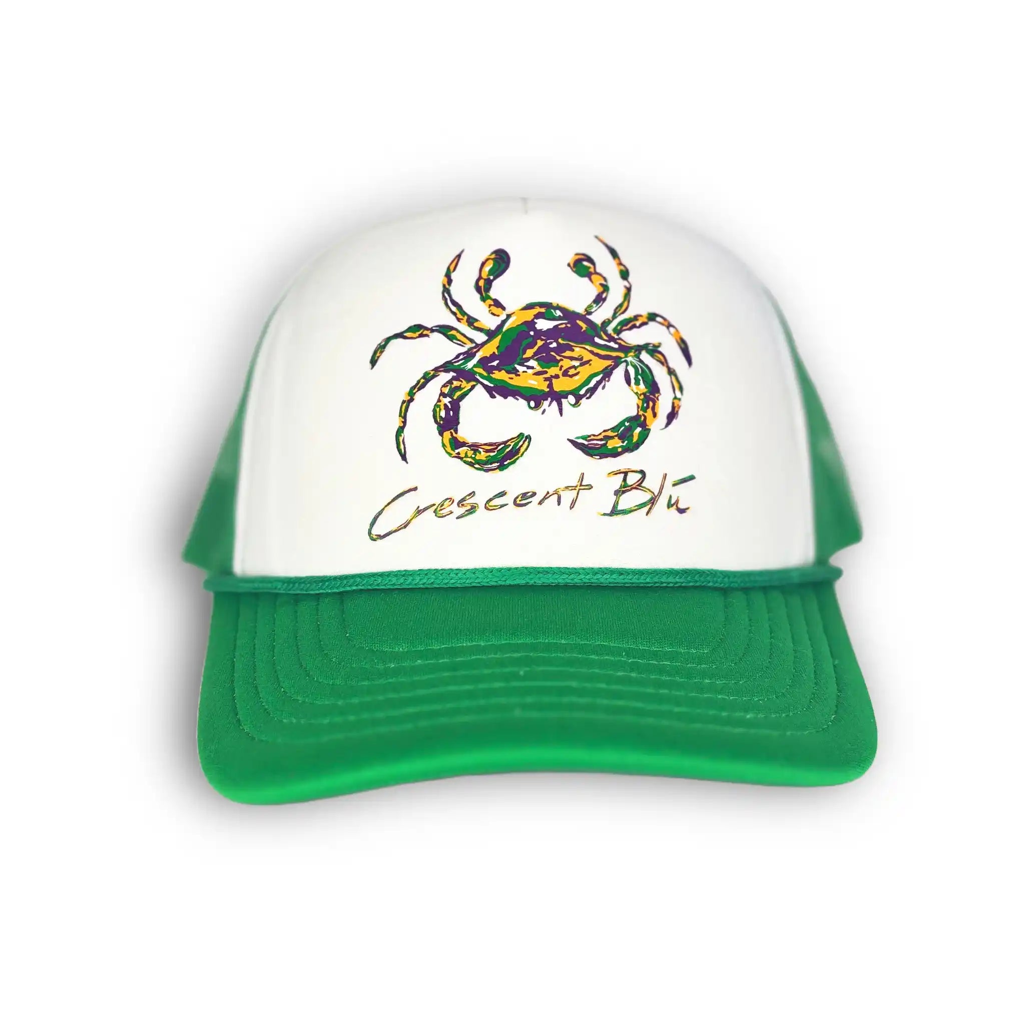 Mardi Gras trucker hat with Crescent Blú crab logo – front view, white foam front with green bill