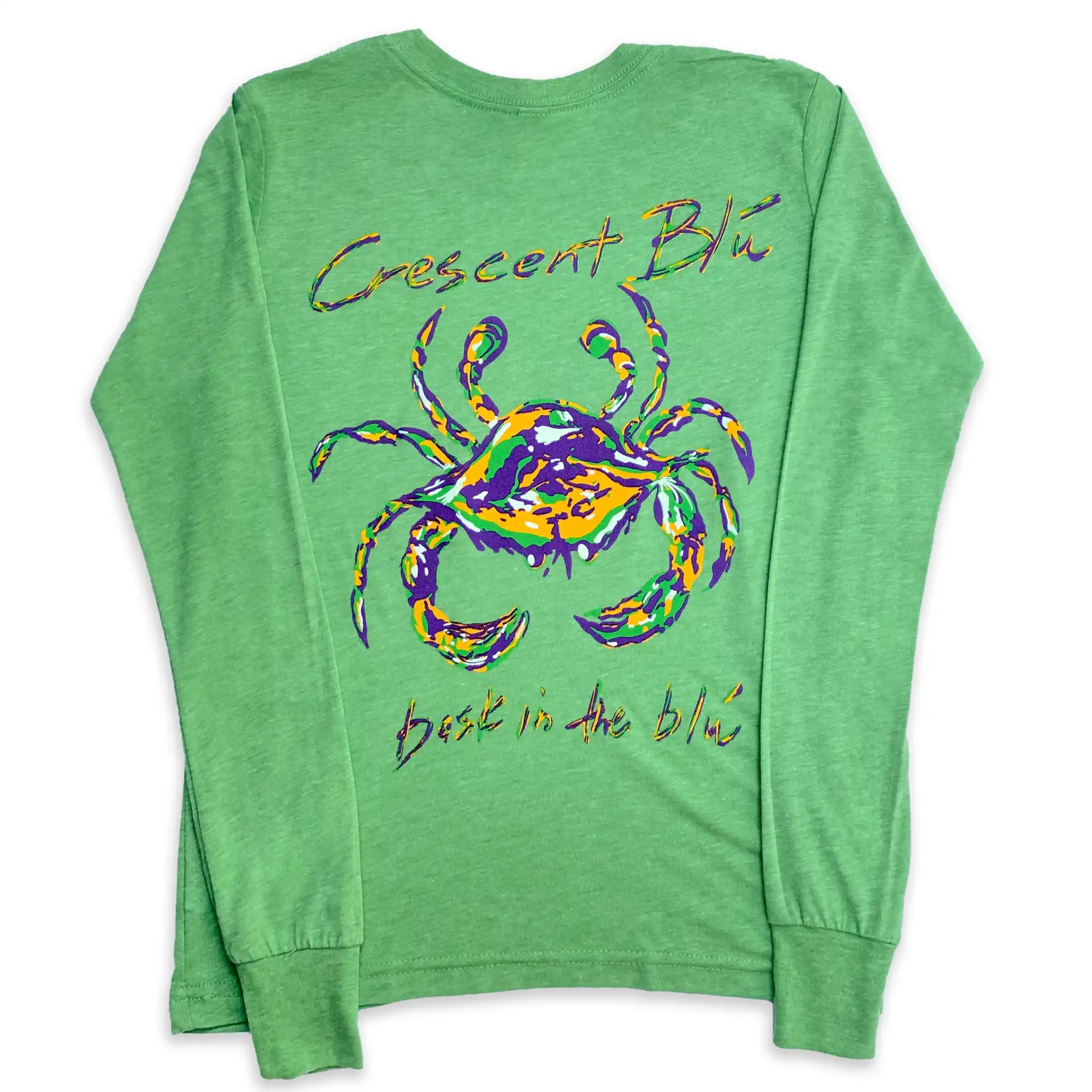 The back of a green long sleeve boys mardi gras t-shirt. 