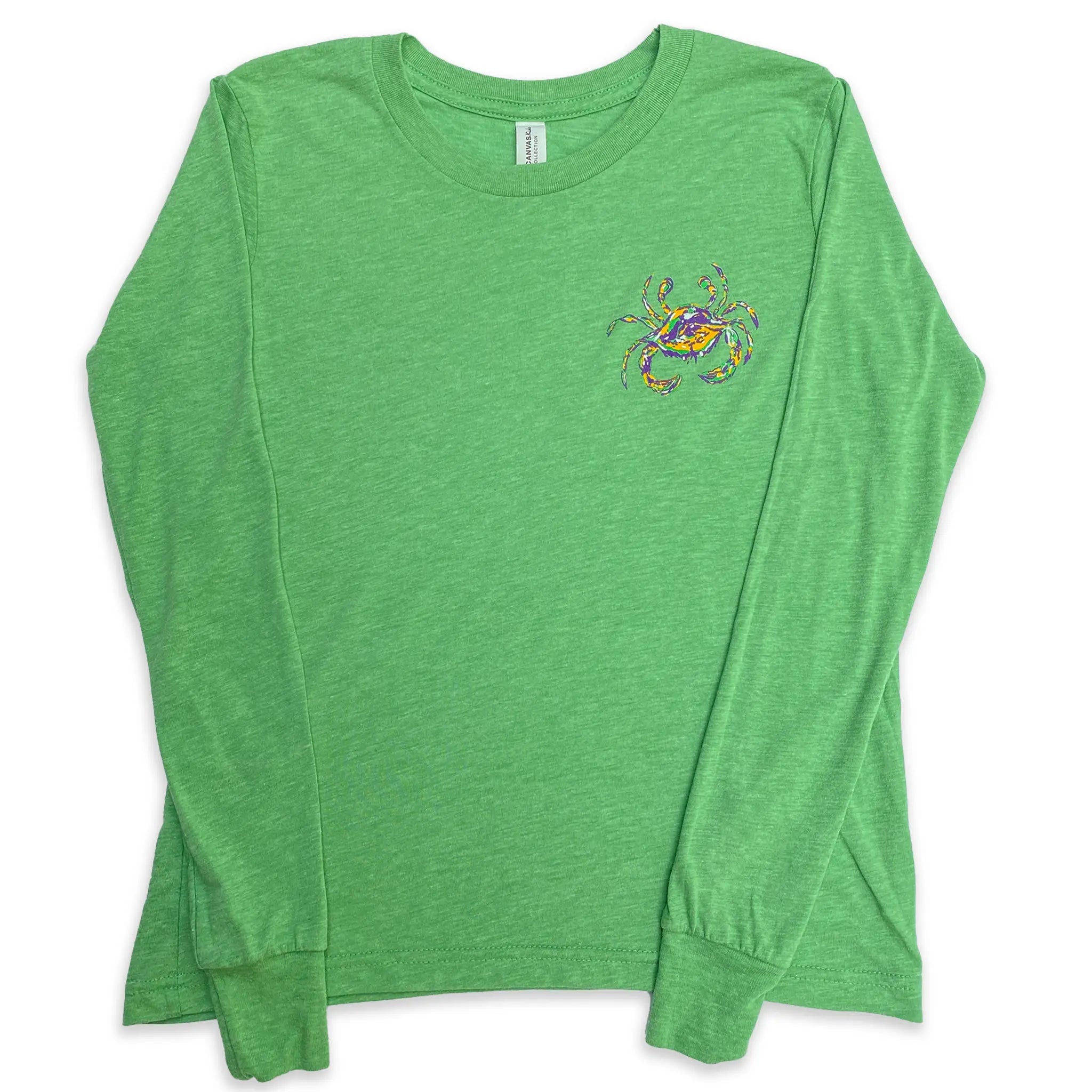 A green kids Mardi gRas long sleeve t-shirt with a mardi gras crab on the front. 
