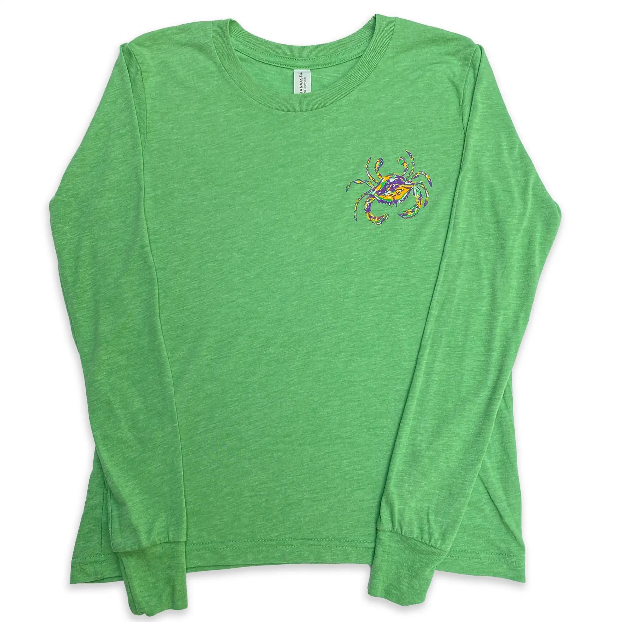 A green kids Mardi Gras long sleeve t-shirt with a mardi gras crab on the front. 