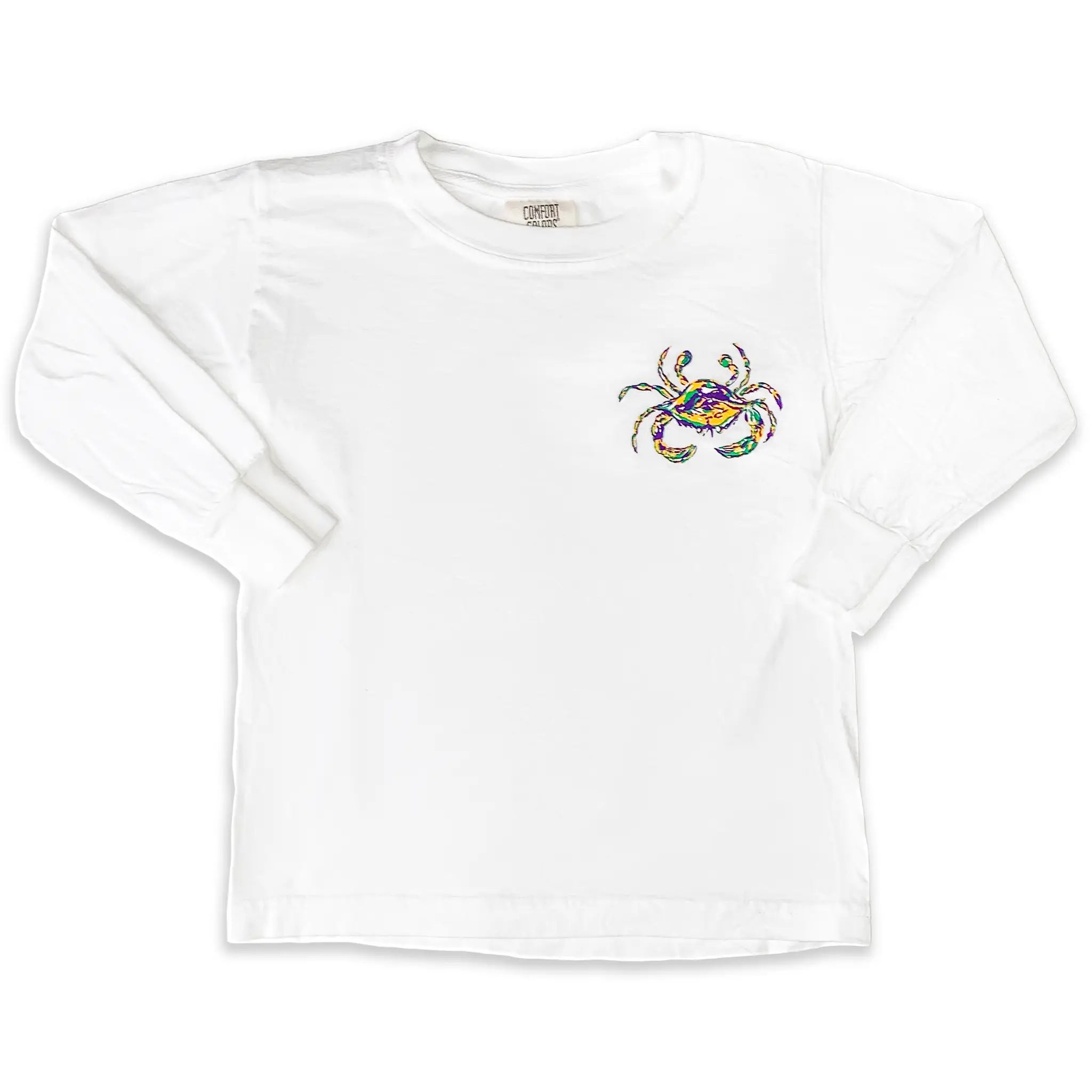 The front of a white long sleeve youth mardi gras shirt with a Crescent Blu crab on the  front. 