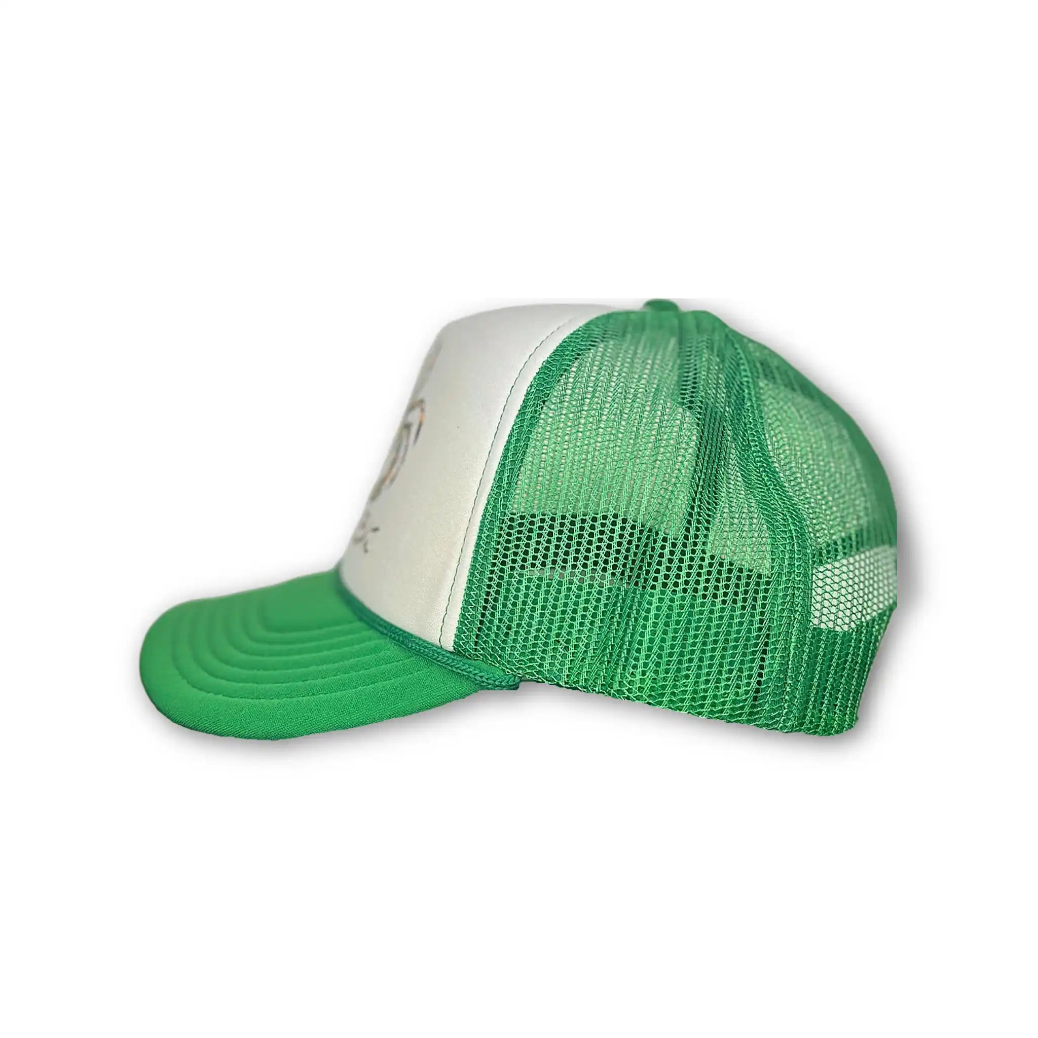 Side view of Mardi Gras trucker hat – green mesh back, curved visor, and white foam front with crab design