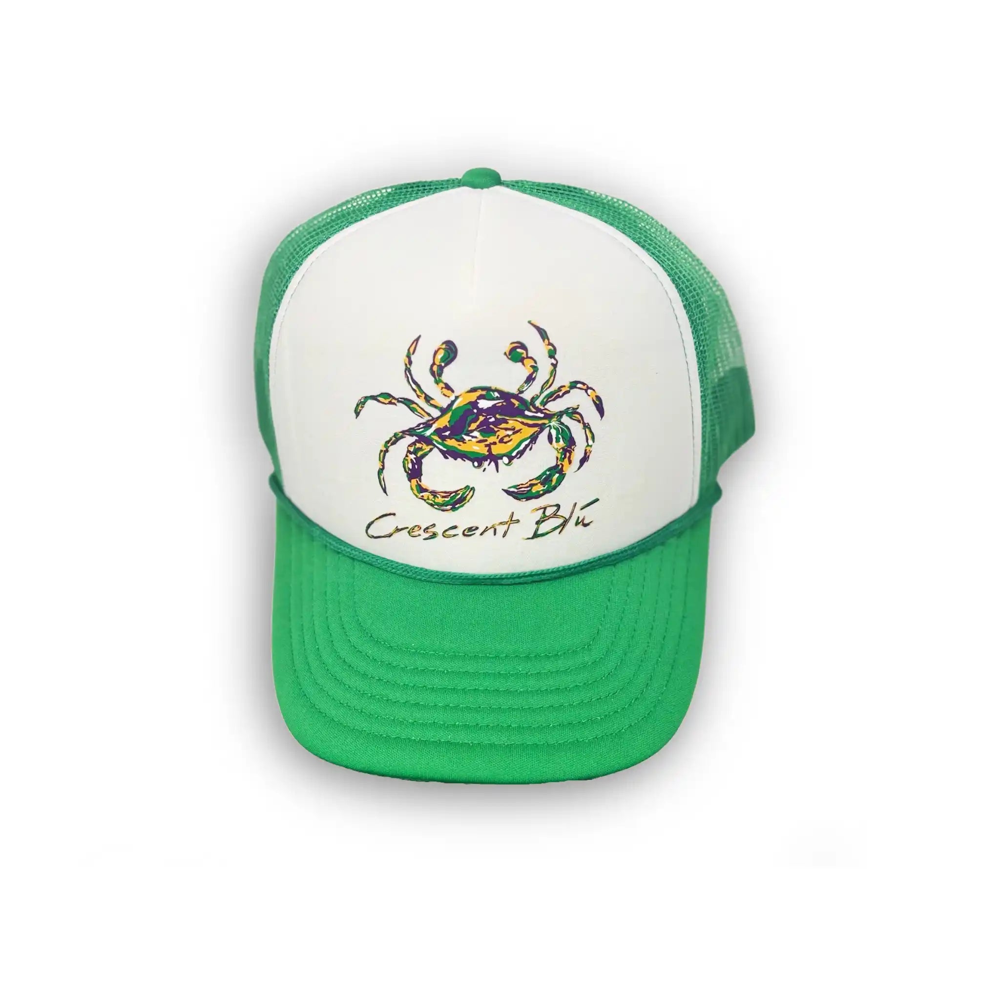 Top-down view of Mardi Gras trucker hat with Crescent Blú crab logo – green mesh and white foam front