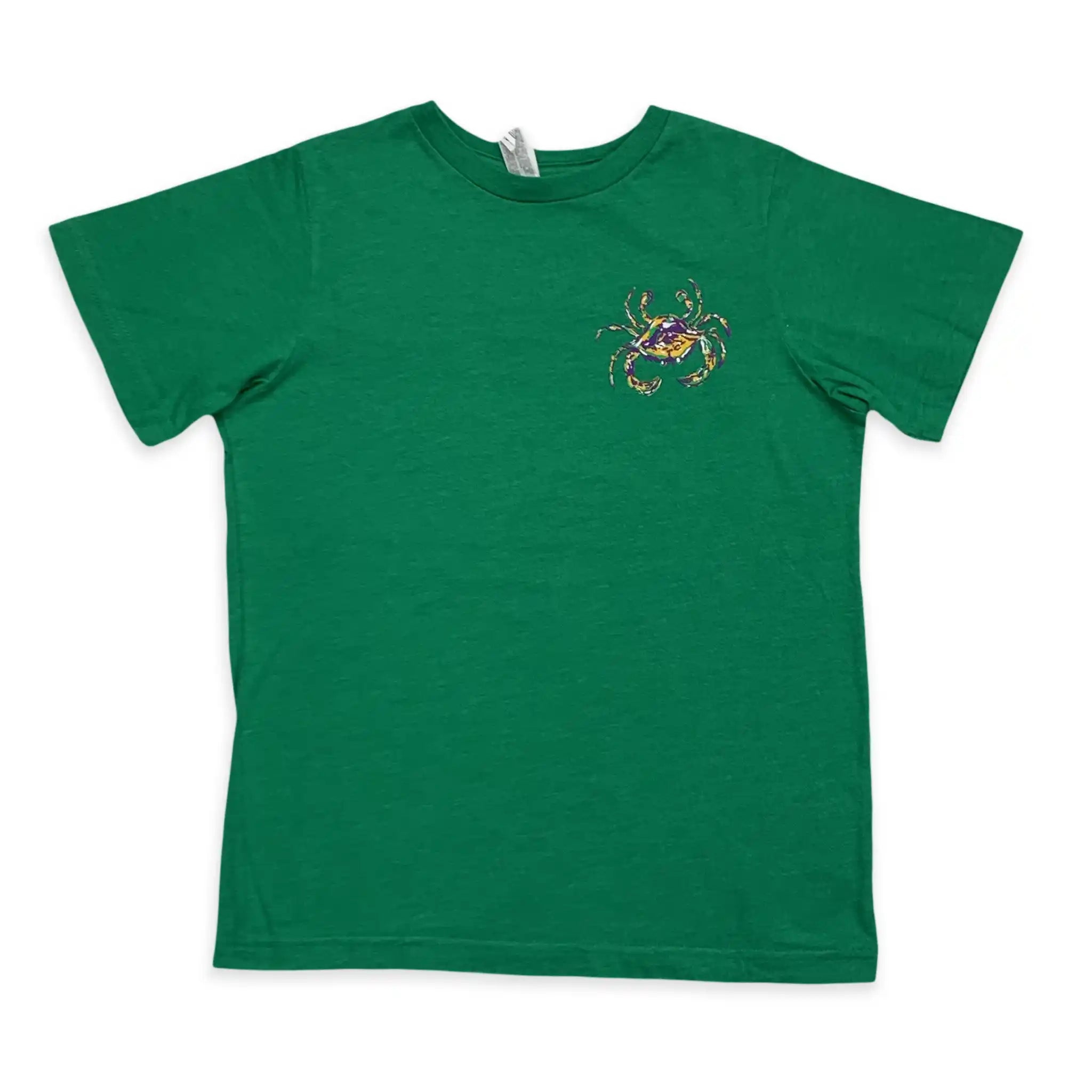 Vintage Green youth cotton blend Mardi Gras shirt with short sleeves and left chest Crescent Blú crab