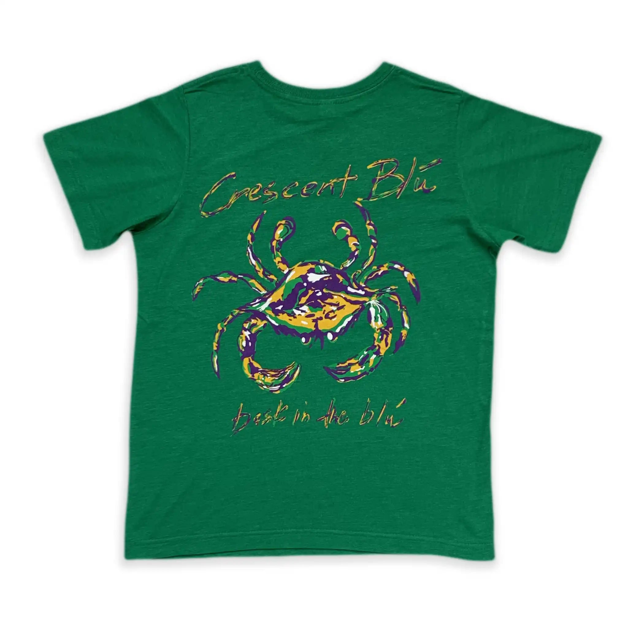 Youth t-shirt in Vintage Green with screen printed Mardi Gras Crab artwork across the back